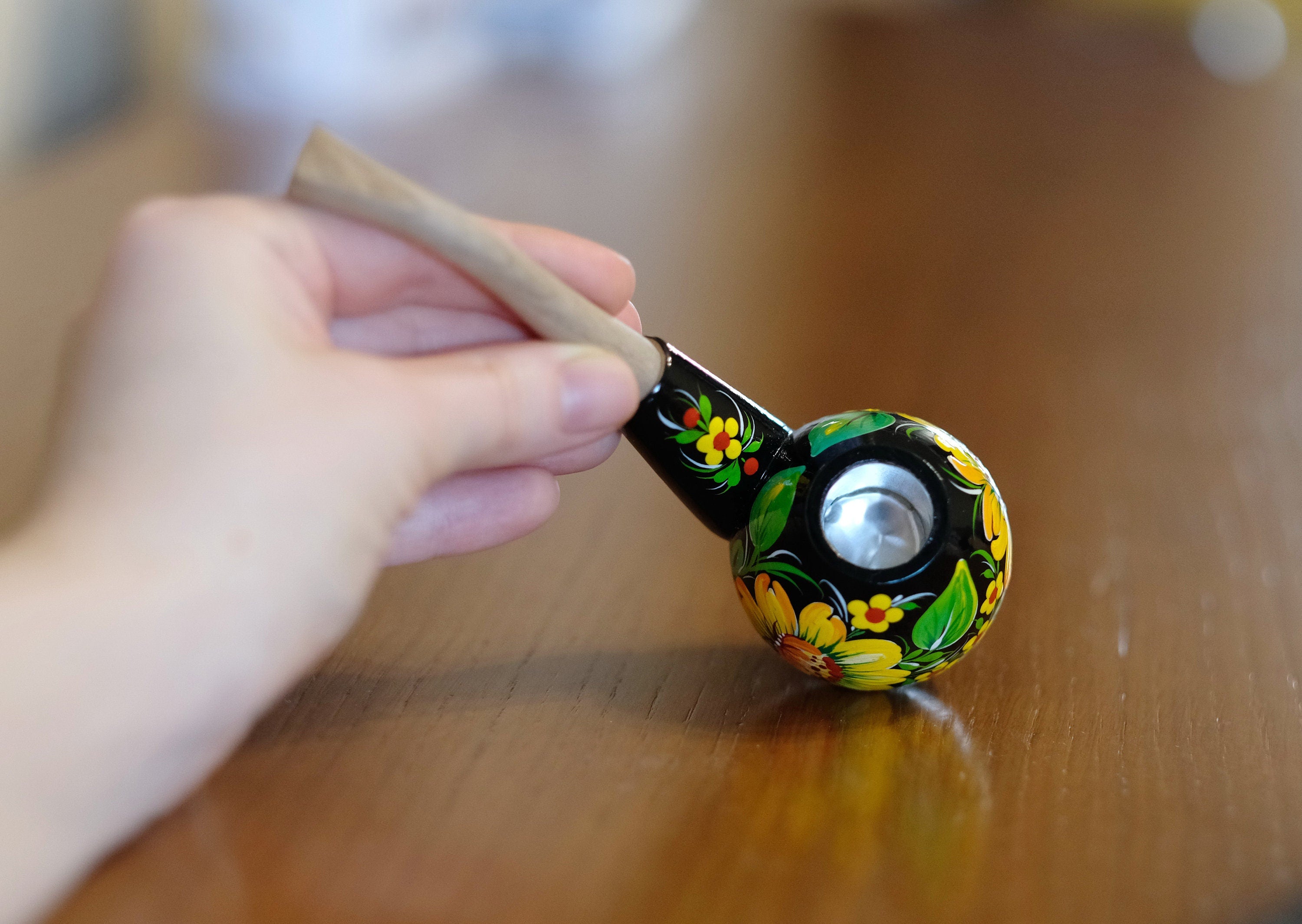 Sunflower Smoking Pipe - Hand-painted Wooden Tobacco Pipe with Ukrainian Folk Art Petrykivka