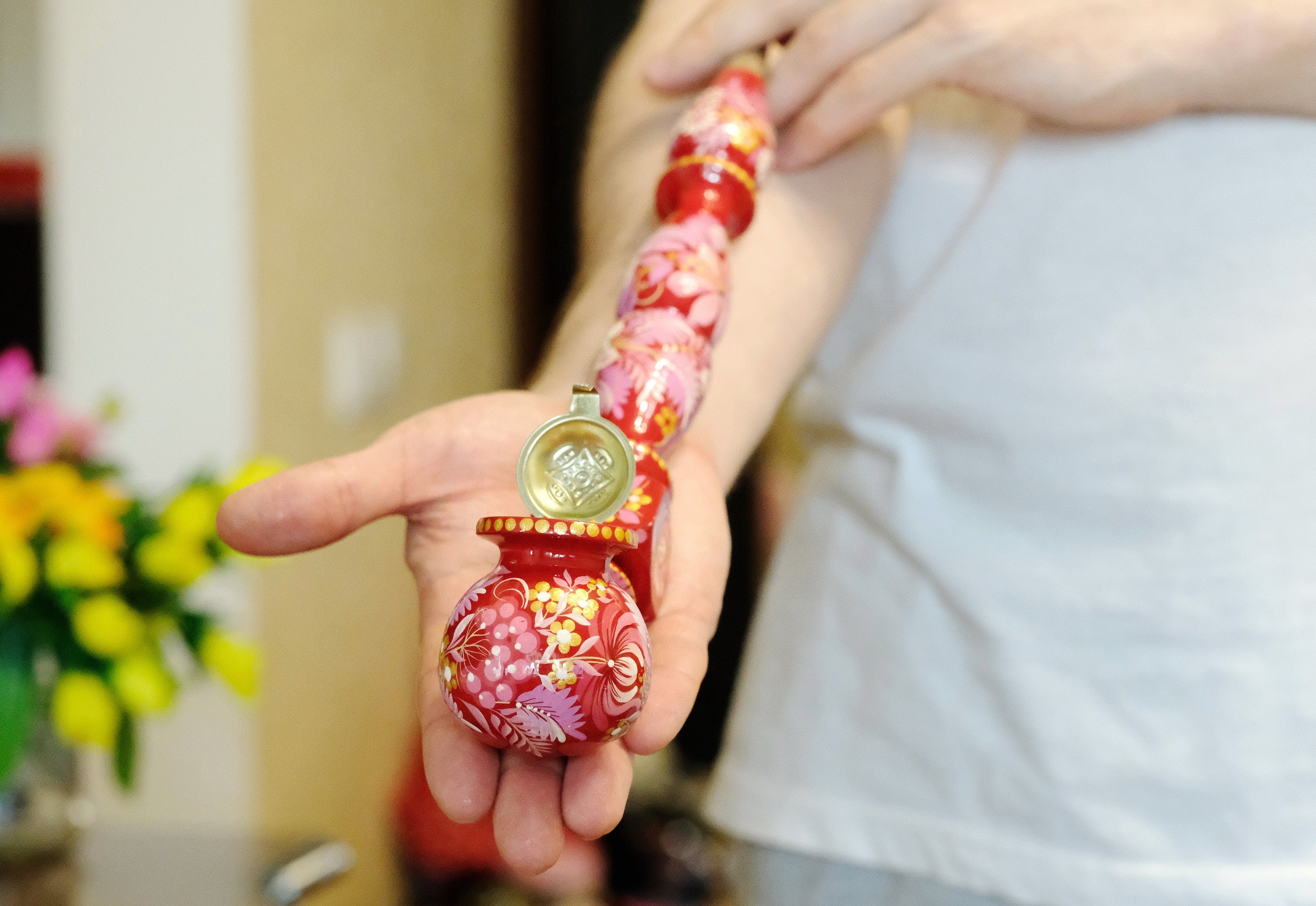Extra Long Painted Wooden Smoking Pipe with Ukrainian Folk Art Petrykivka - Flower Tobacco Pipe with Lid