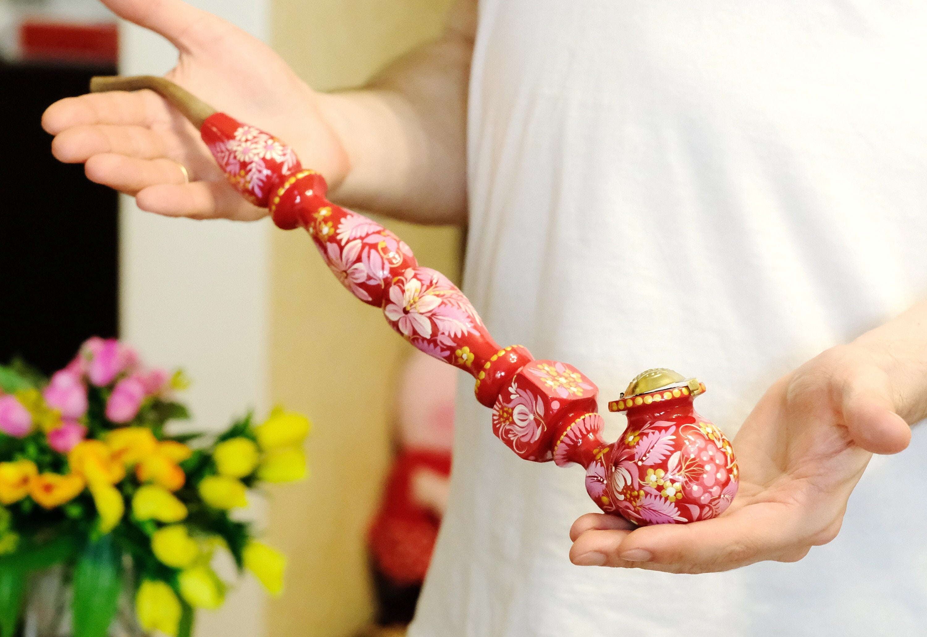 Extra Long Painted Wooden Smoking Pipe with Ukrainian Folk Art Petrykivka - Flower Tobacco Pipe with Lid