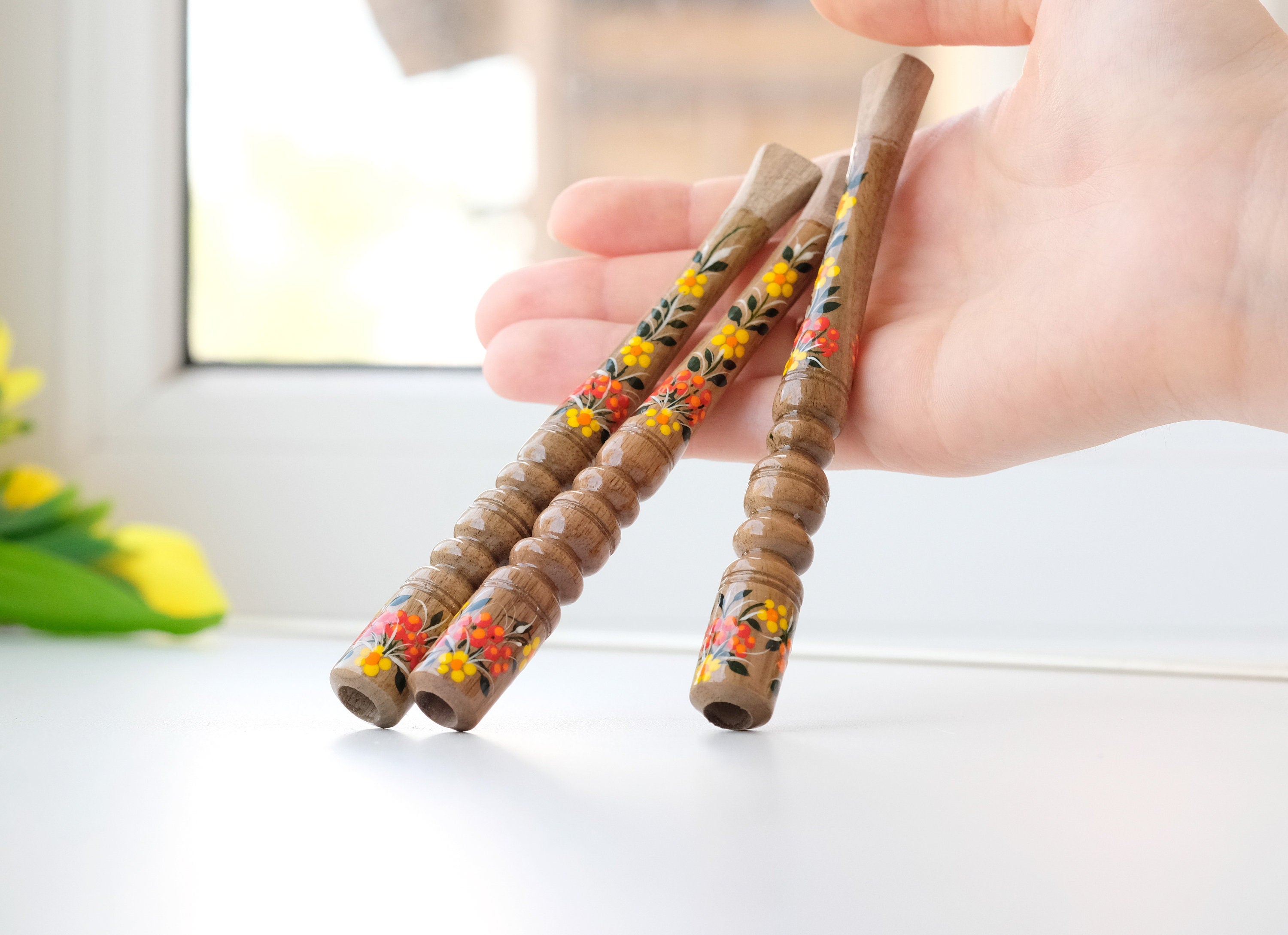 Painted Wooden Regular Cigarette Holder with Ukrainian Folk Art Petrykivka