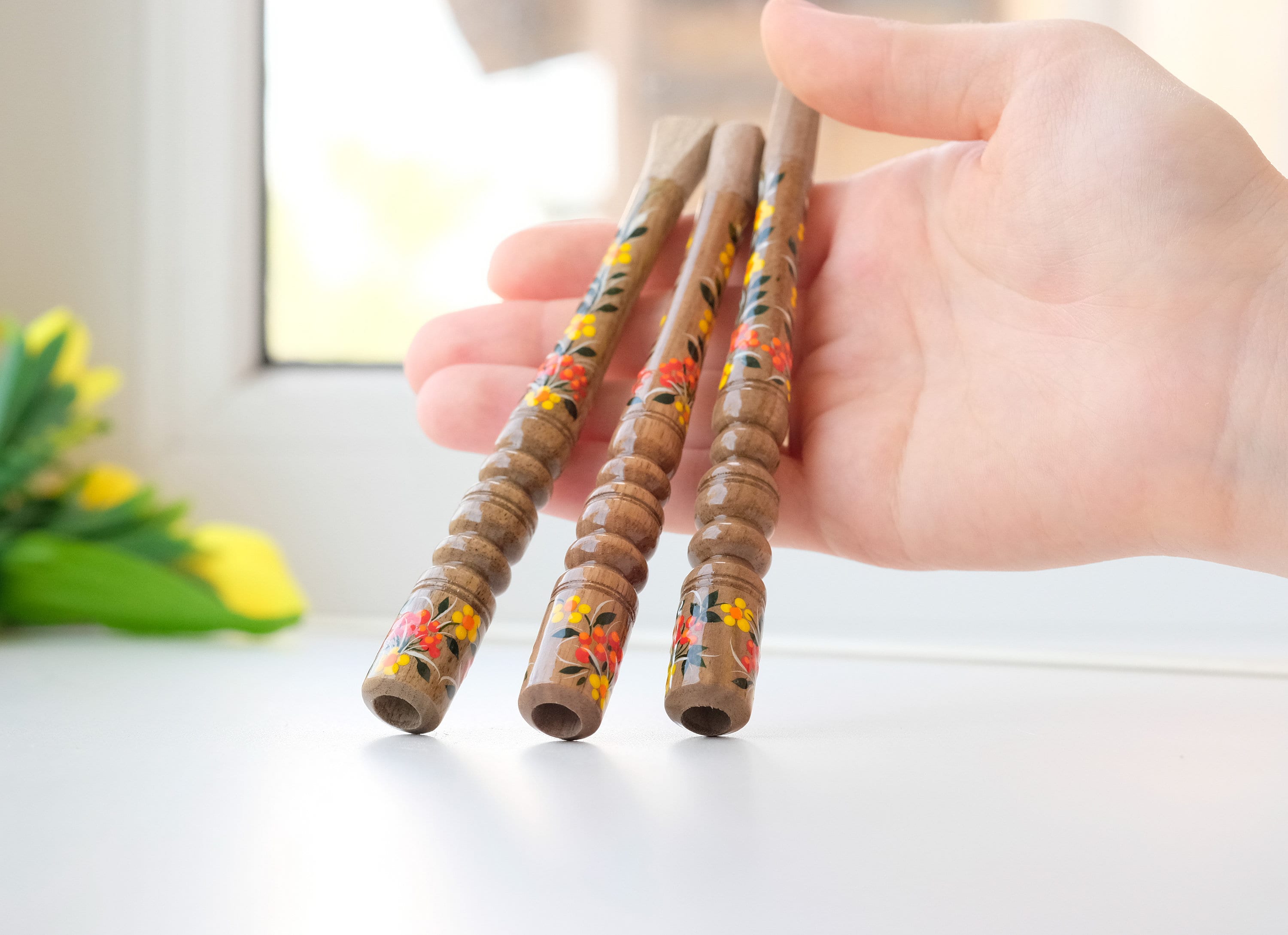 Painted Wooden Regular Cigarette Holder with Ukrainian Folk Art Petrykivka