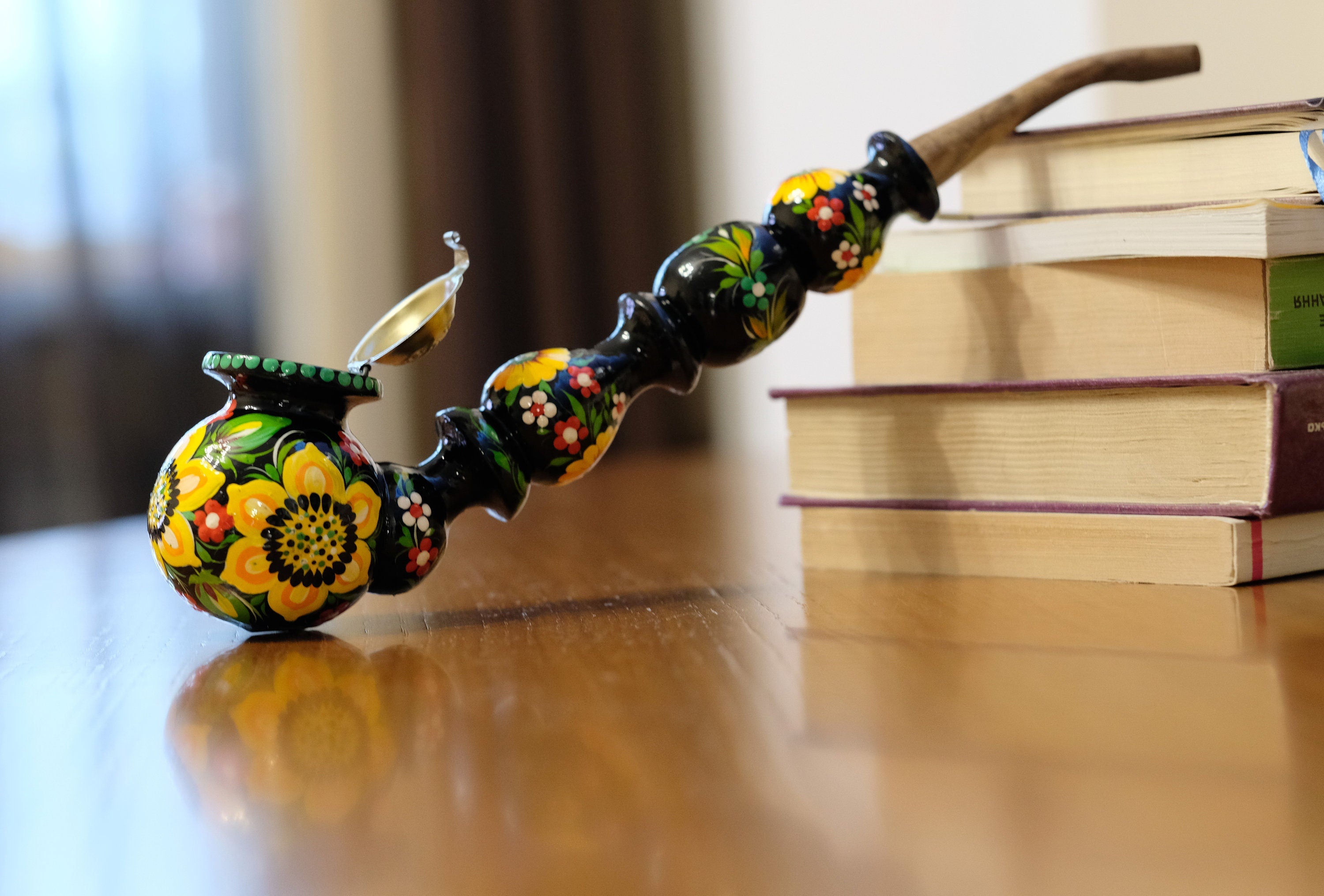 Painted Wooden Smoking Pipe with Lid - Long Sunflower Tobacco Pipe with Ukrainian Folk Art Petrykivka