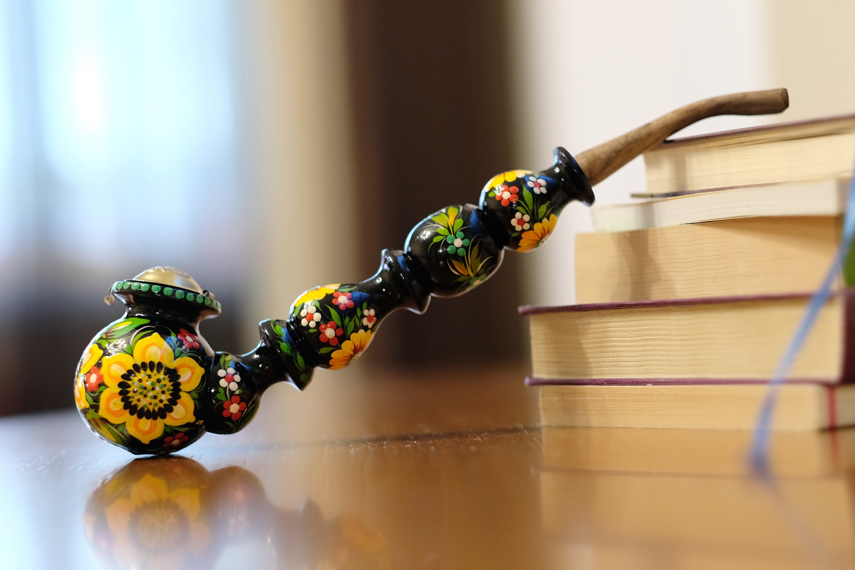 Painted Wooden Smoking Pipe with Lid - Long Sunflower Tobacco Pipe with Ukrainian Folk Art Petrykivka
