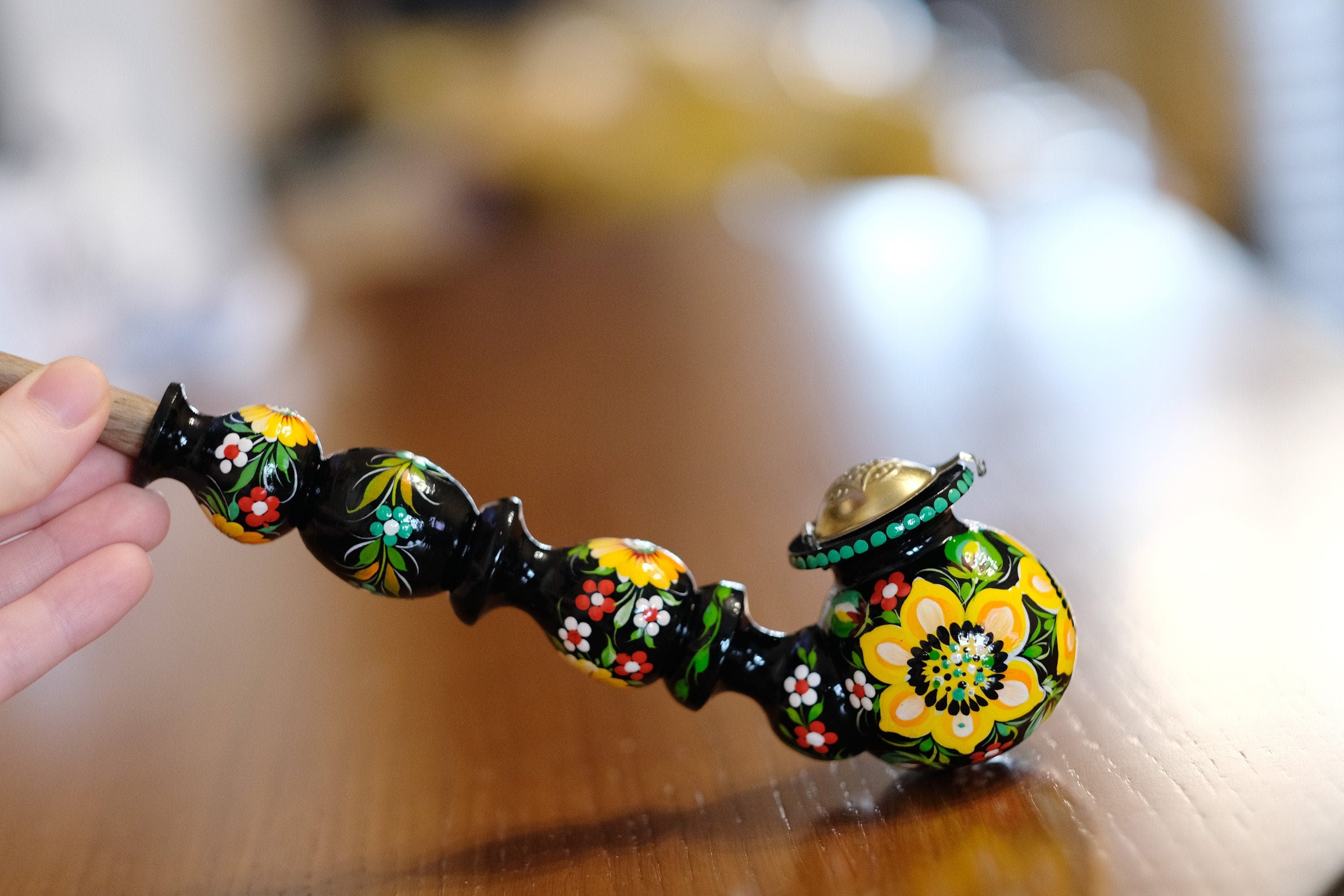 Painted Wooden Smoking Pipe with Lid - Long Sunflower Tobacco Pipe with Ukrainian Folk Art Petrykivka
