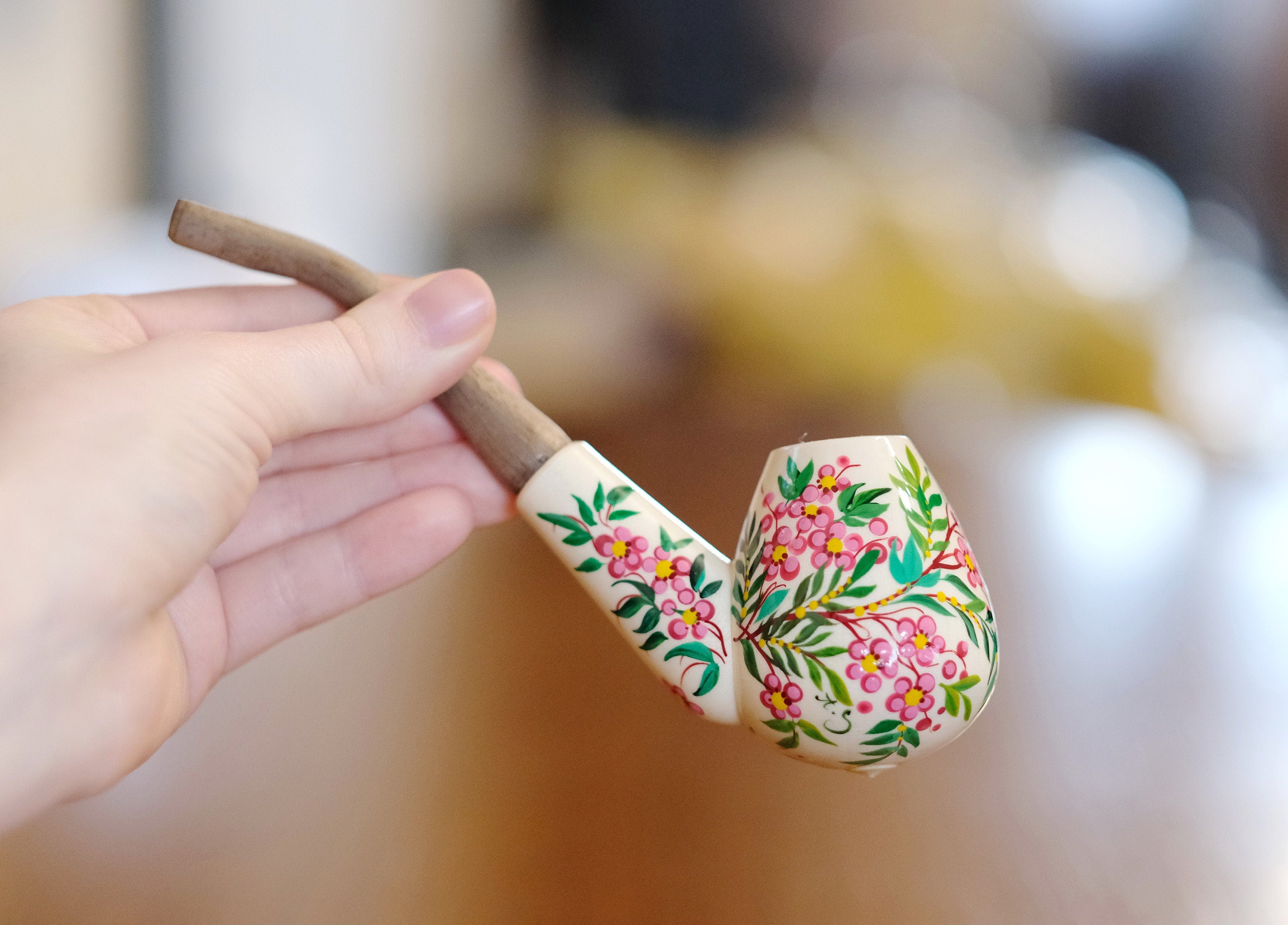 Wooden Tobacco Smoking Pipe - Painted Cherry Blossom Pipe with Ukrainian Folk Art Petrykivka