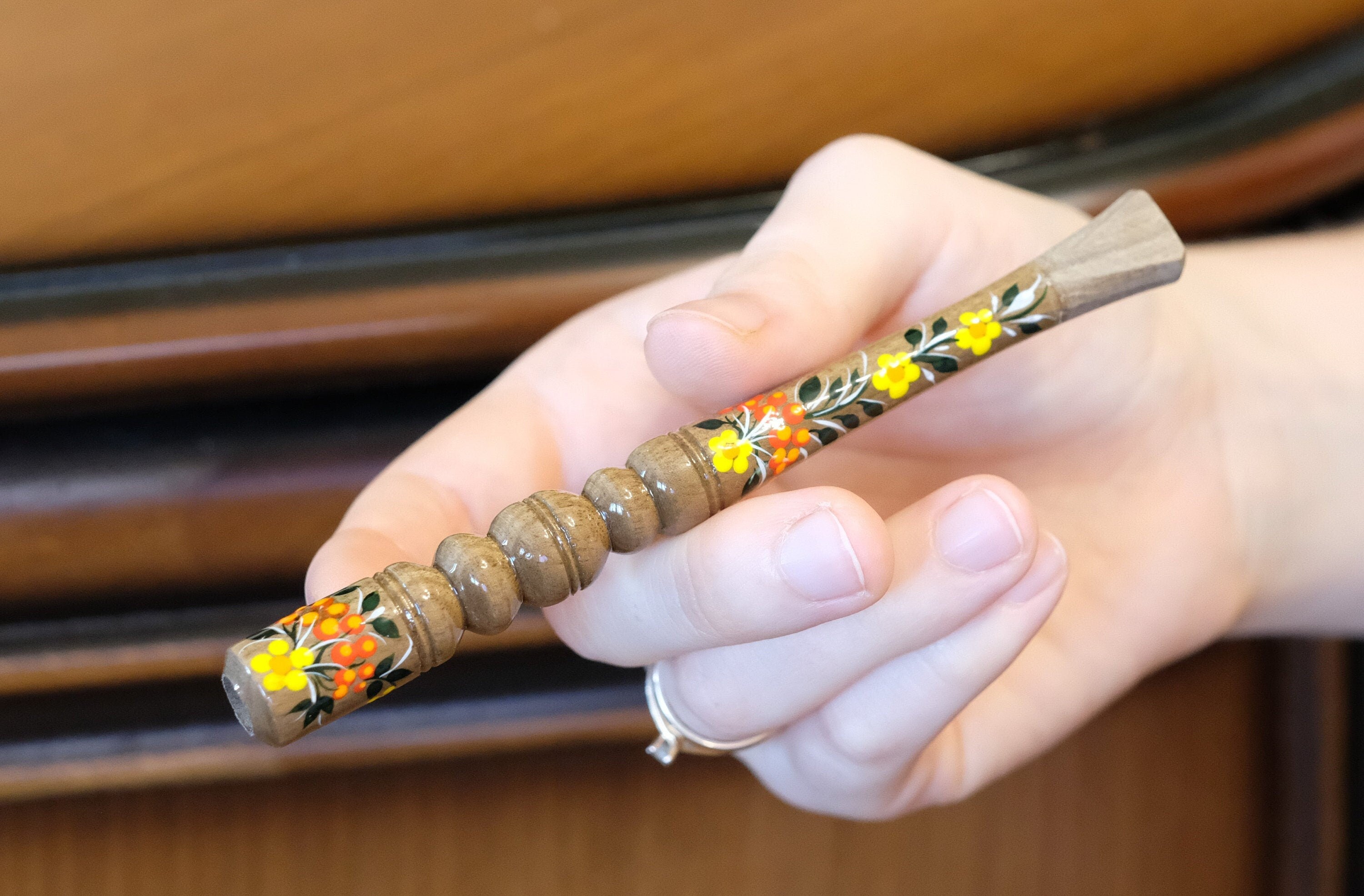 Painted Wooden Regular Cigarette Holder with Ukrainian Folk Art Petrykivka