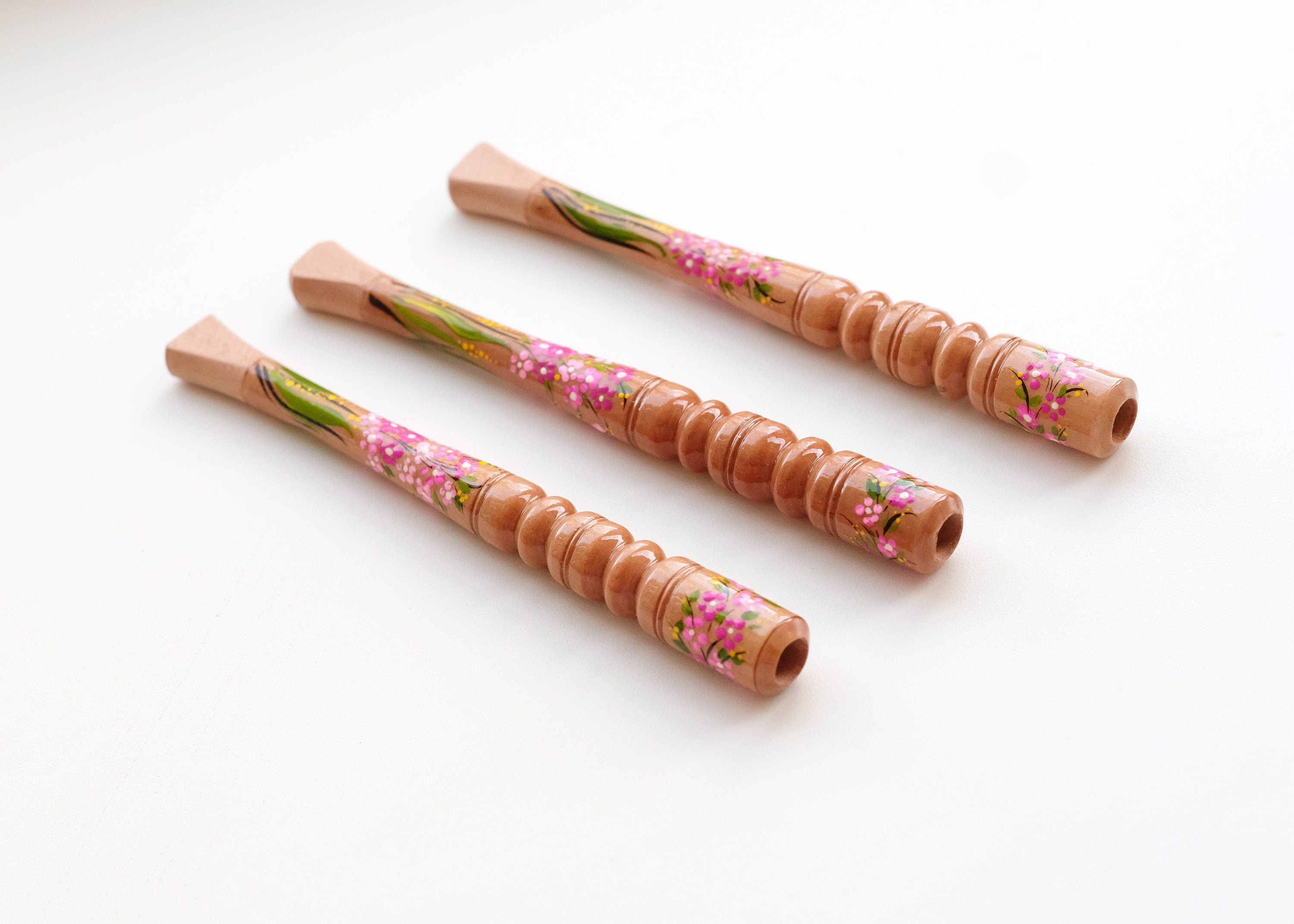 Painted Wooden Cigarette Holder for Regular Cigarette with Ukrainian Folk Art Petrykivka - Cherry Blossom