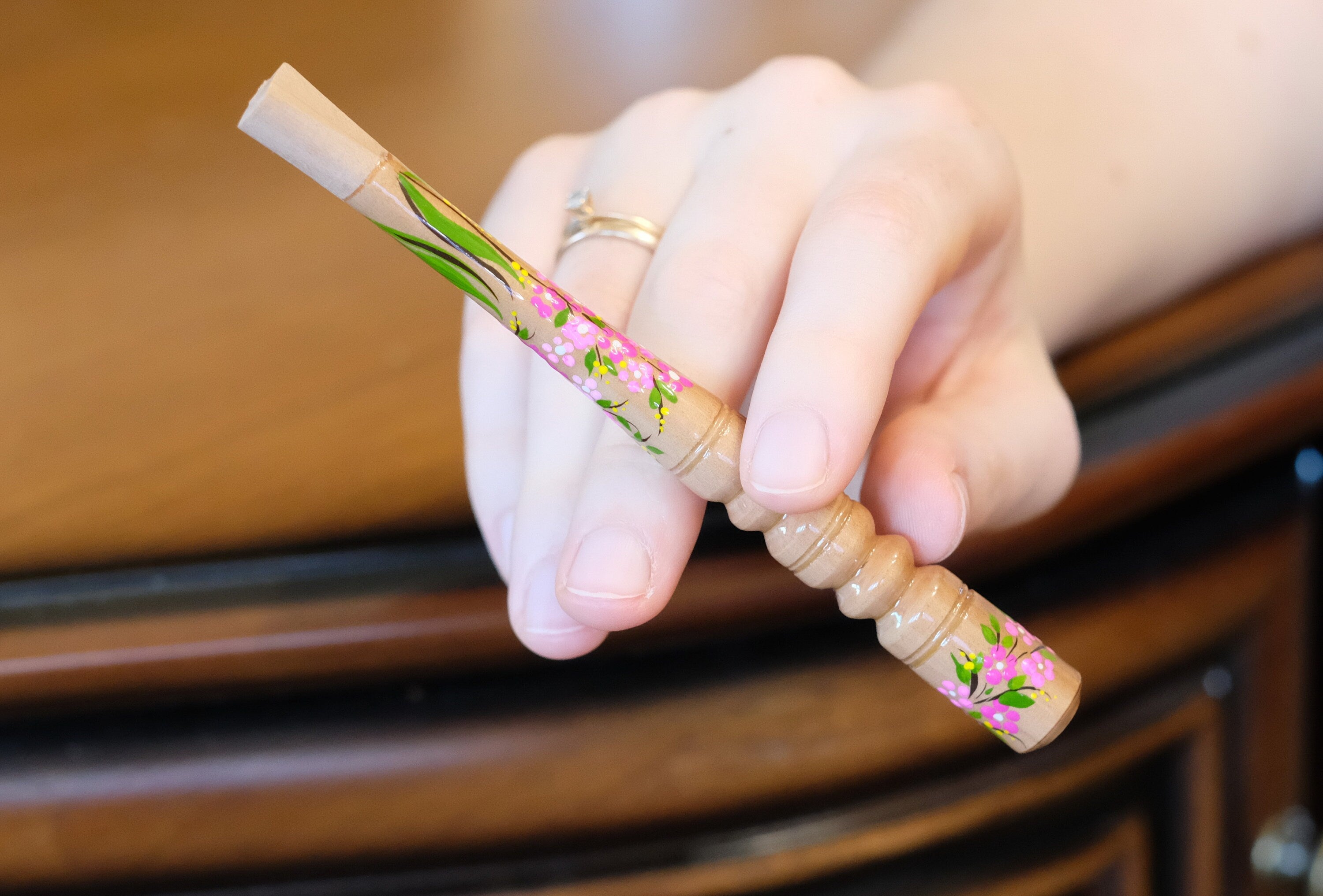 Painted Wooden Cigarette Holder for Regular Cigarette with Ukrainian Folk Art Petrykivka - Cherry Blossom