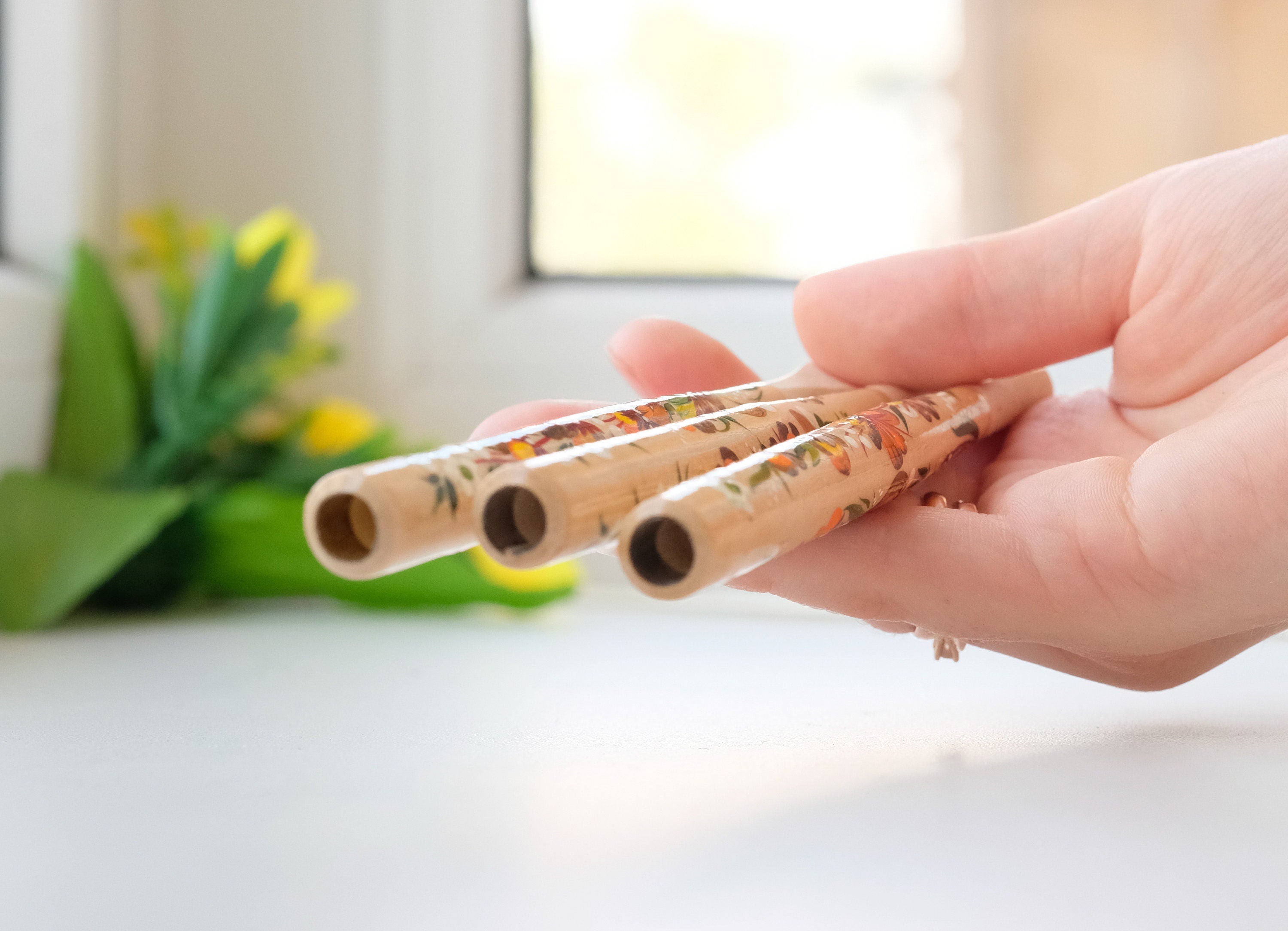Painted Wooden Cigarette Holder - Regular & Slim - Flower Mouthpiece with Ukrainian Folk Art Petrykivka