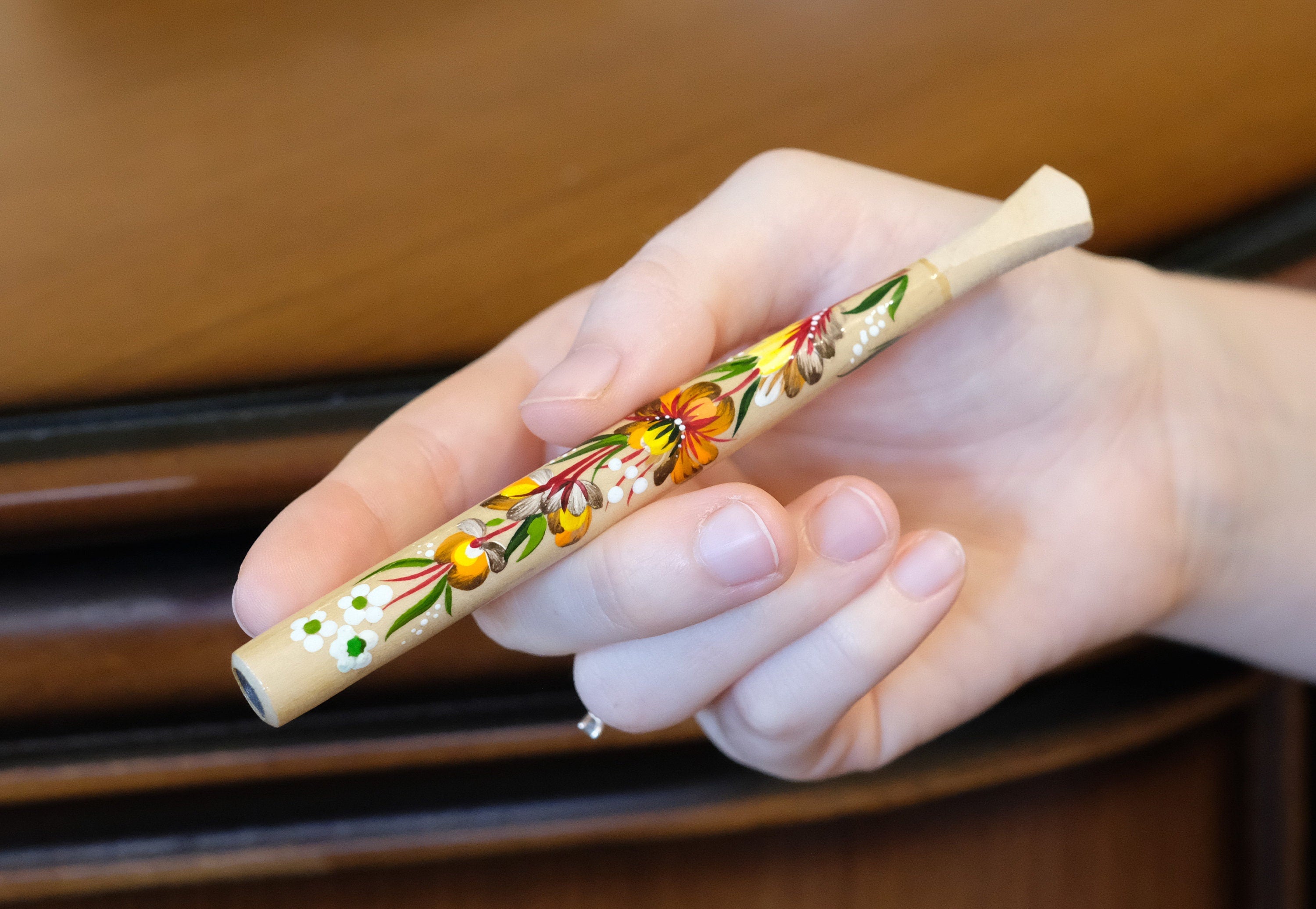 Painted Wooden Cigarette Holder - Regular & Slim - Flower Mouthpiece with Ukrainian Folk Art Petrykivka