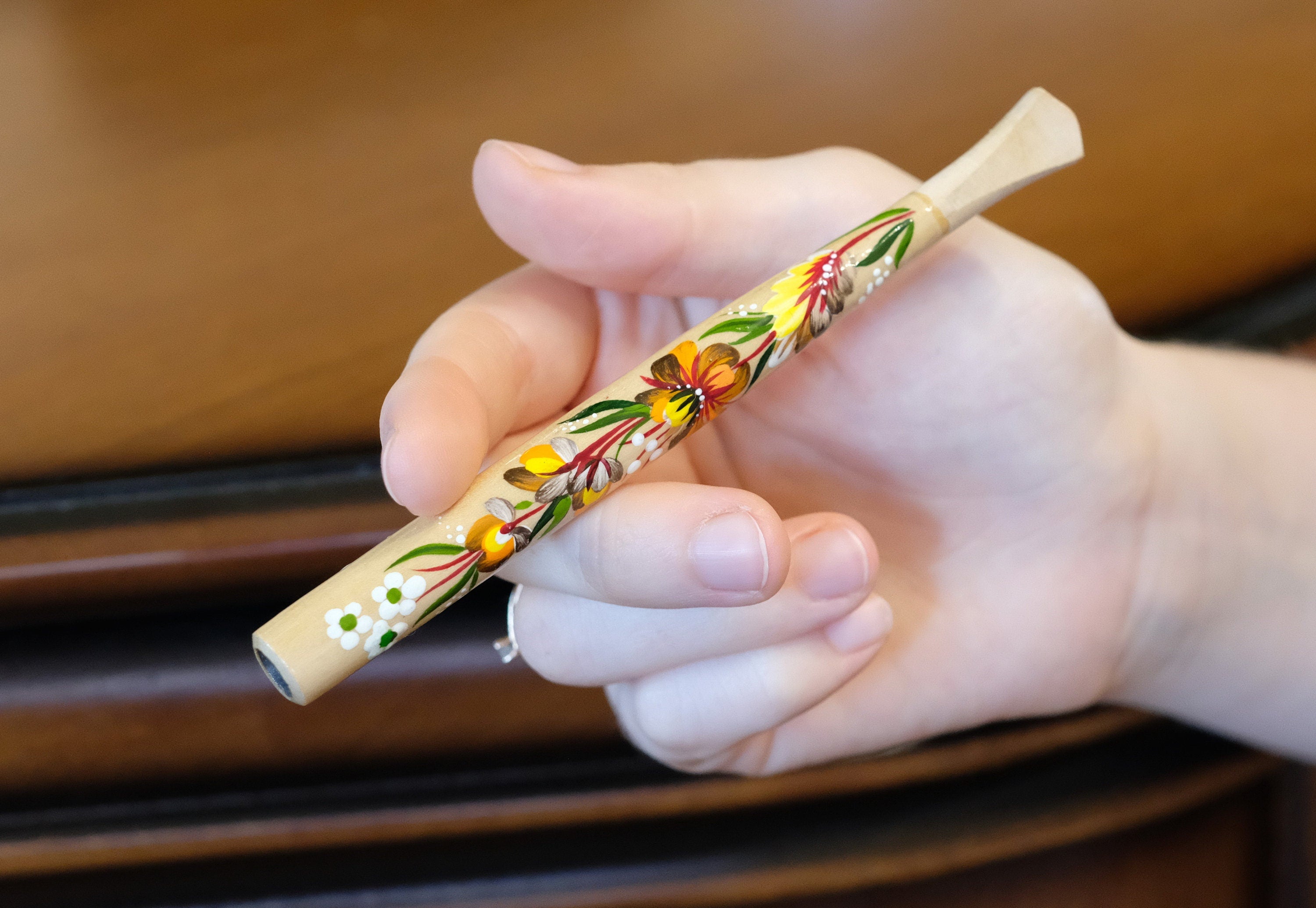 Painted Wooden Cigarette Holder - Regular & Slim - Flower Mouthpiece with Ukrainian Folk Art Petrykivka
