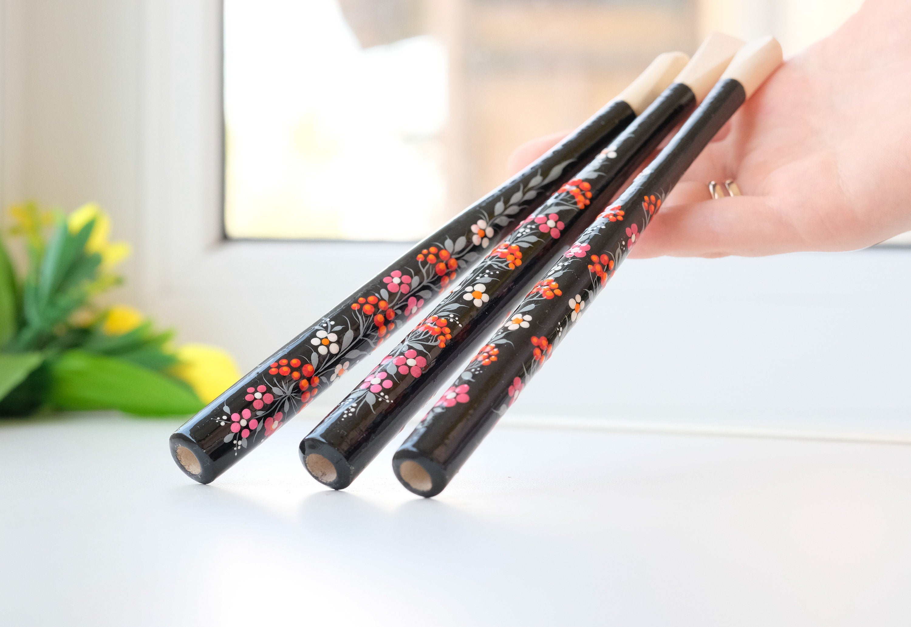 Long Painted Regular Cigarette Holder with Ukrainian Folk Art Petrykivka, Carved from Wood