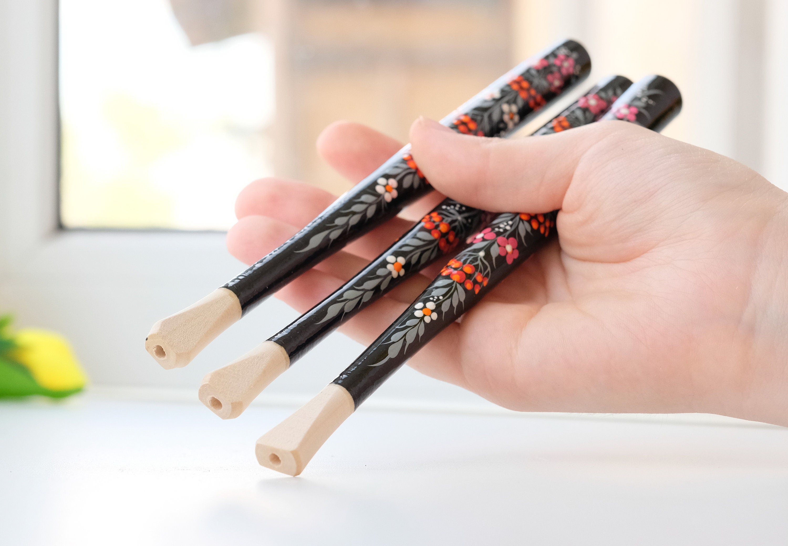 Long Painted Regular Cigarette Holder with Ukrainian Folk Art Petrykivka, Carved from Wood