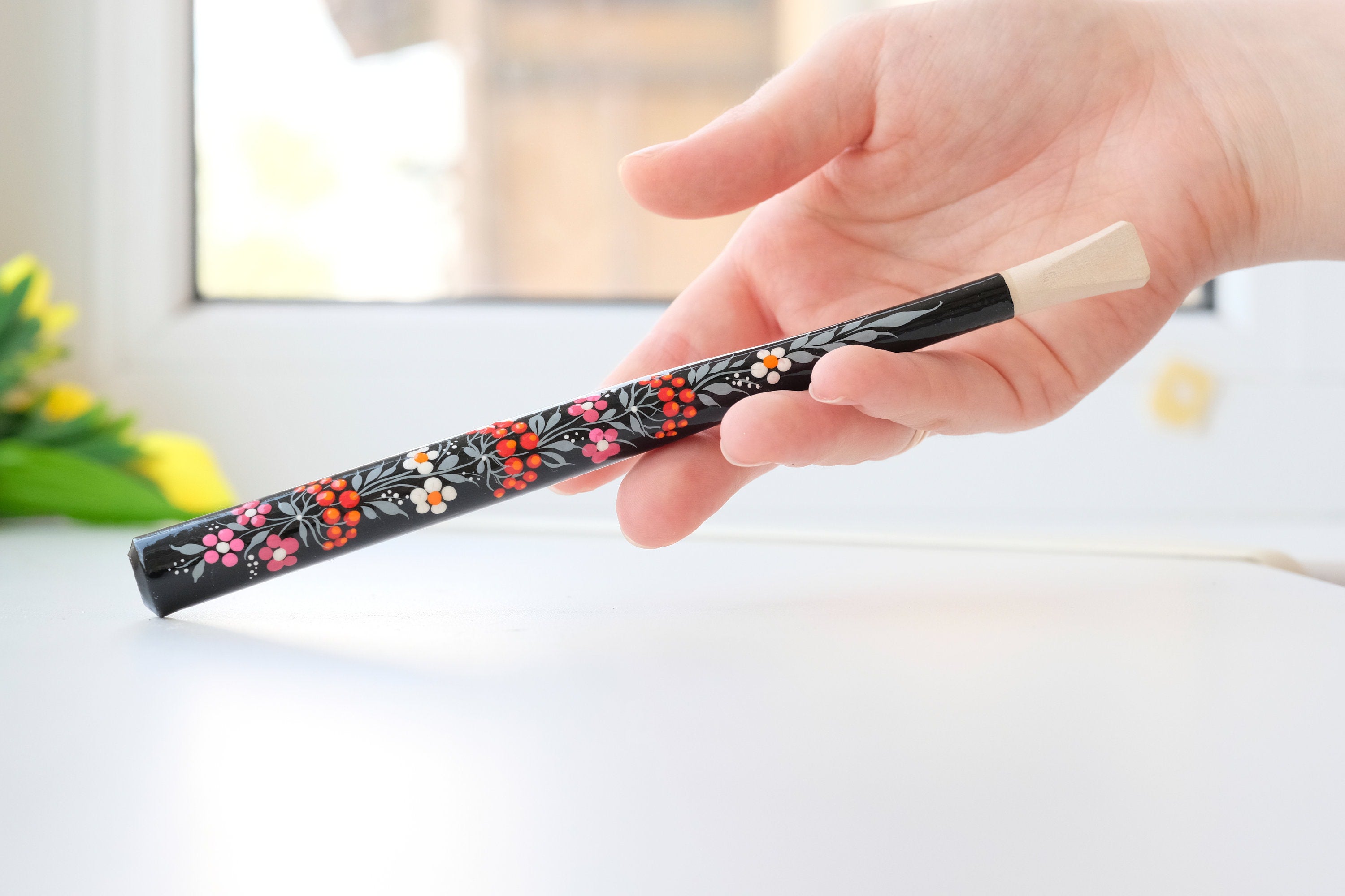 Long Painted Regular Cigarette Holder with Ukrainian Folk Art Petrykivka, Carved from Wood