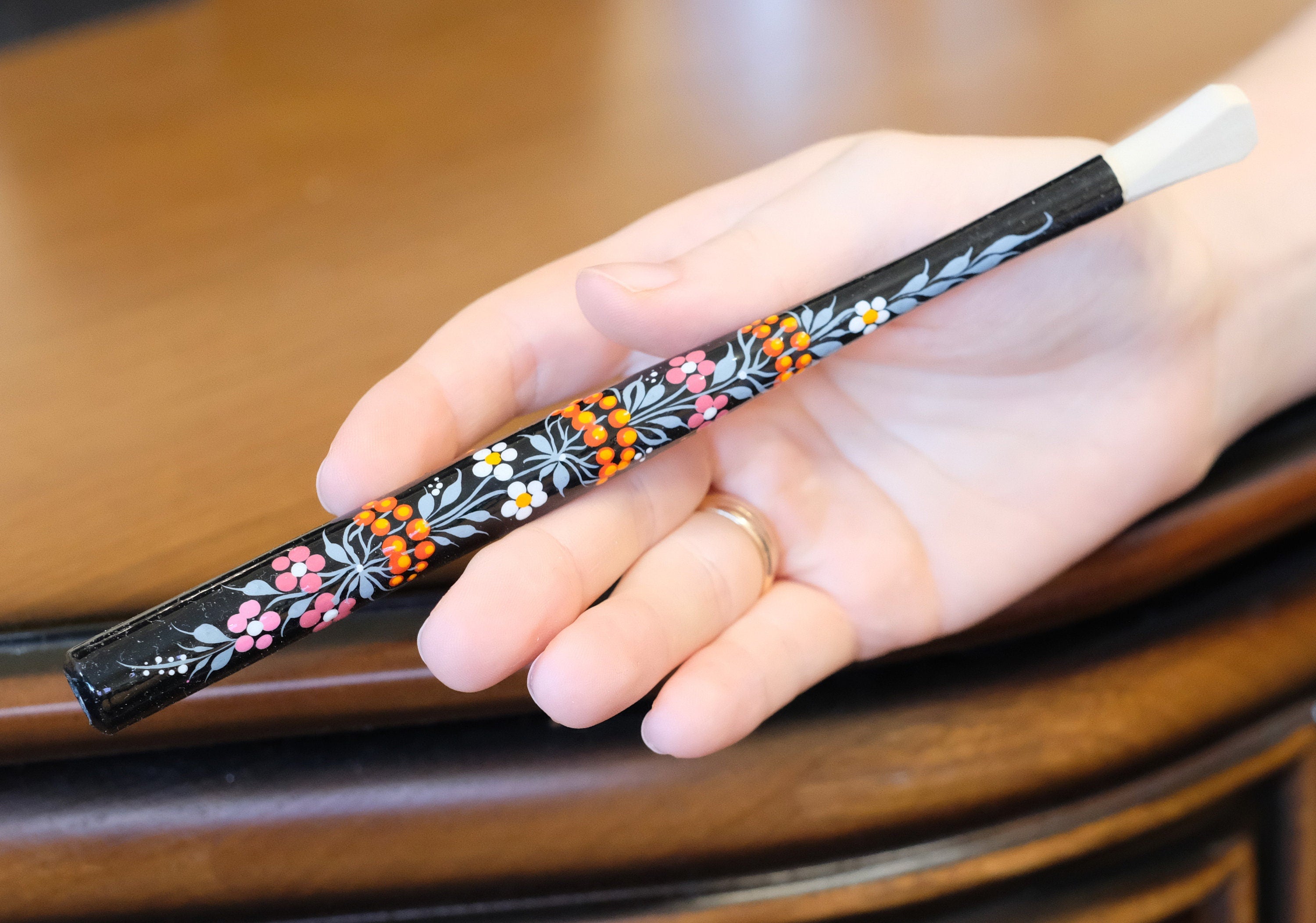 Long Painted Regular Cigarette Holder with Ukrainian Folk Art Petrykivka, Carved from Wood