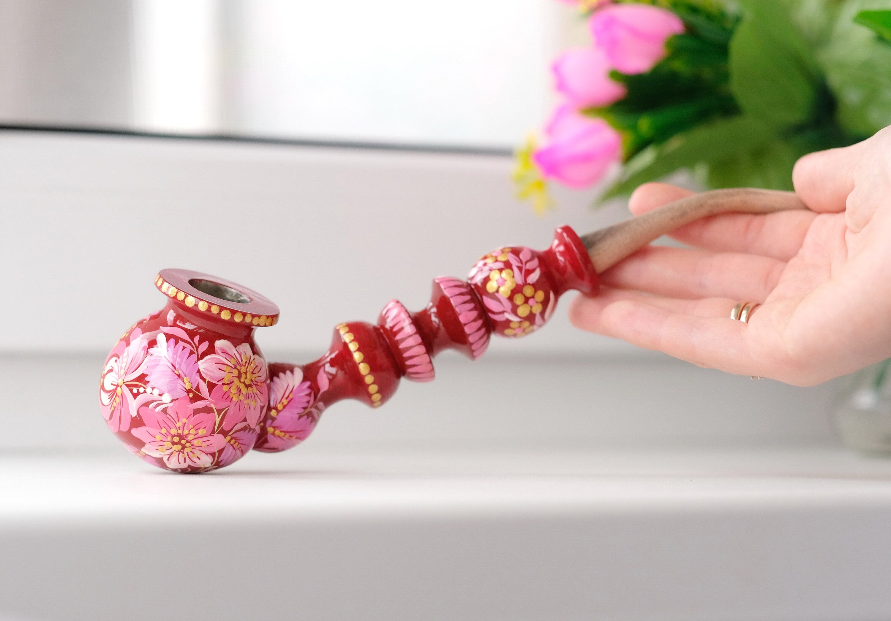 Painted Wooden Smoking Pipe with Ukrainian Folk Art Petrykivka - Pink Flower Tobacco Pipe