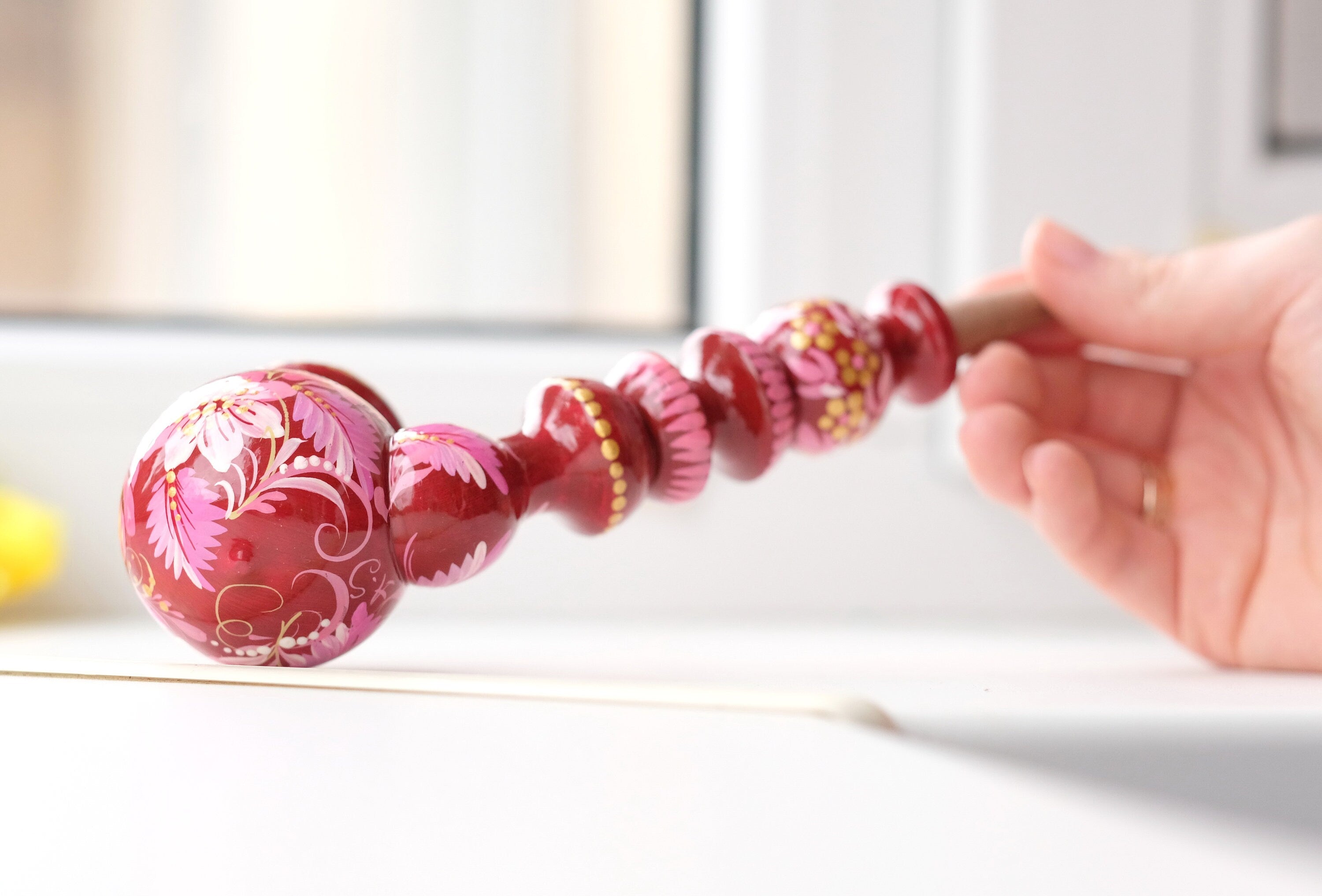 Painted Wooden Smoking Pipe with Ukrainian Folk Art Petrykivka - Pink Flower Tobacco Pipe