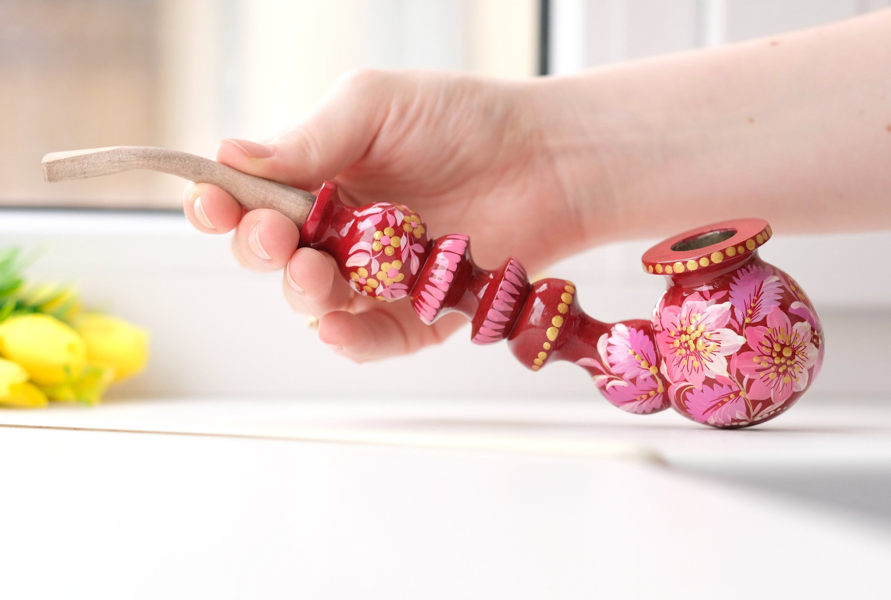 Painted Wooden Smoking Pipe with Ukrainian Folk Art Petrykivka - Pink Flower Tobacco Pipe