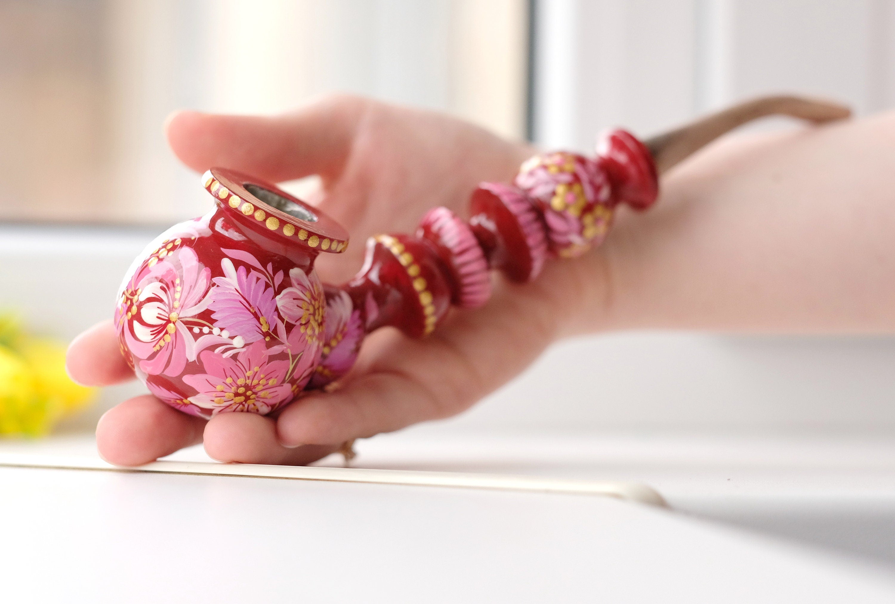 Painted Wooden Smoking Pipe with Ukrainian Folk Art Petrykivka - Pink Flower Tobacco Pipe