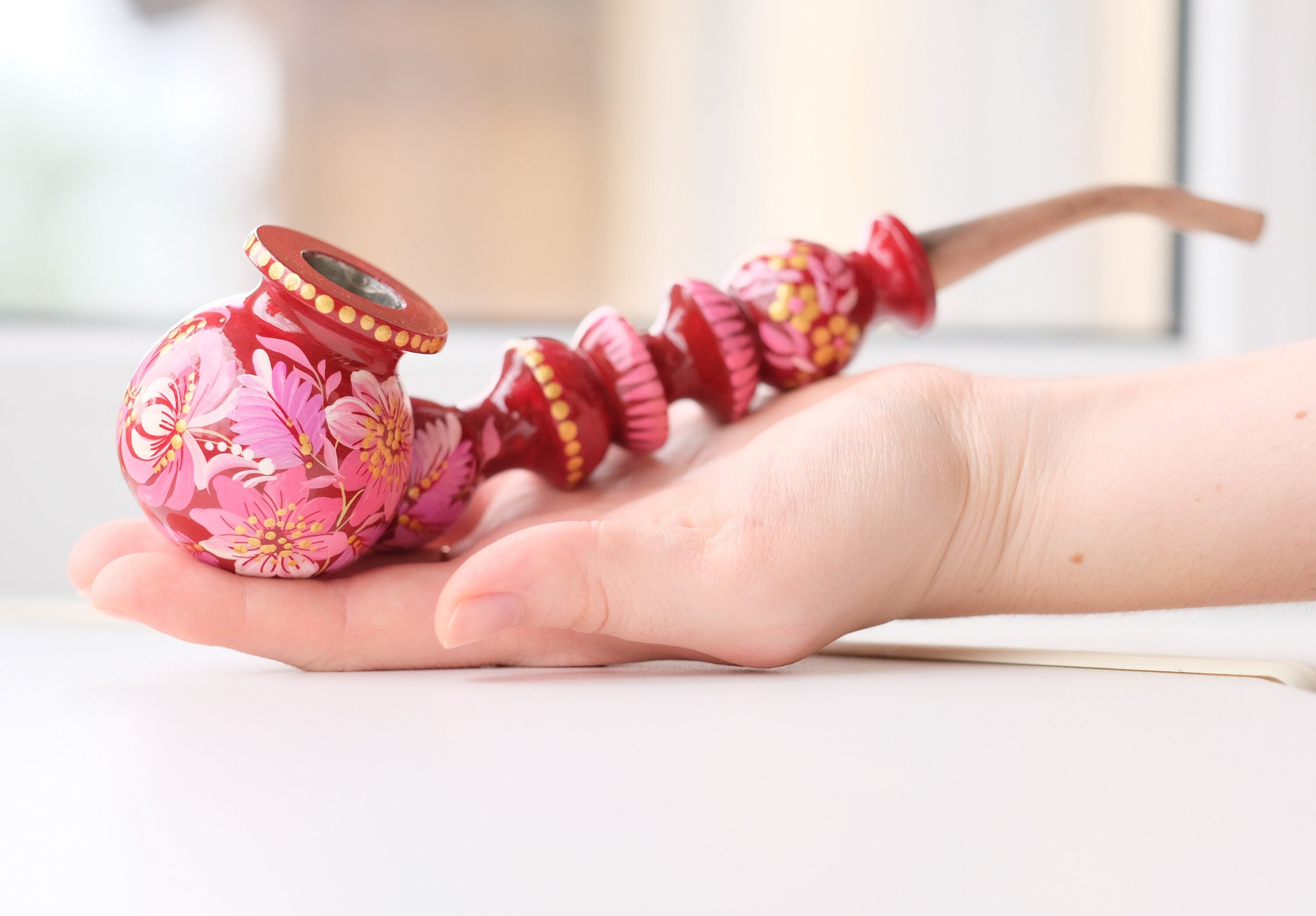 Painted Wooden Smoking Pipe with Ukrainian Folk Art Petrykivka - Pink Flower Tobacco Pipe