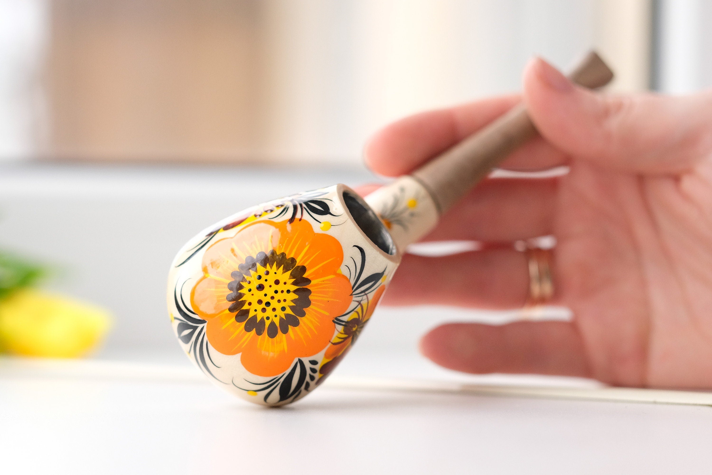 Wooden Tobacco Smoking Pipe - Hand-painted Sunflower Pipe with Ukrainian Folk Art Petrykivka