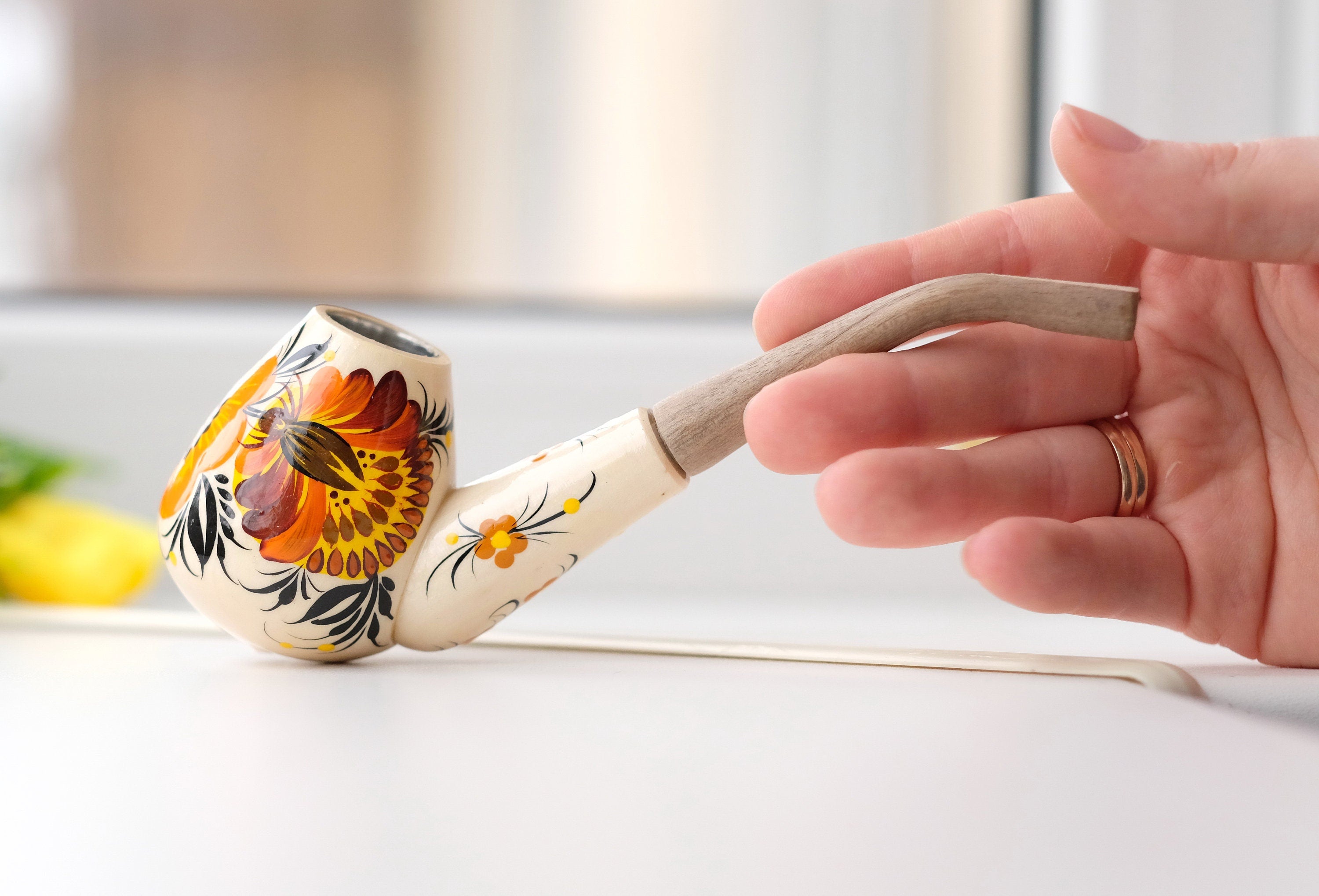 Wooden Tobacco Smoking Pipe - Hand-painted Sunflower Pipe with Ukrainian Folk Art Petrykivka