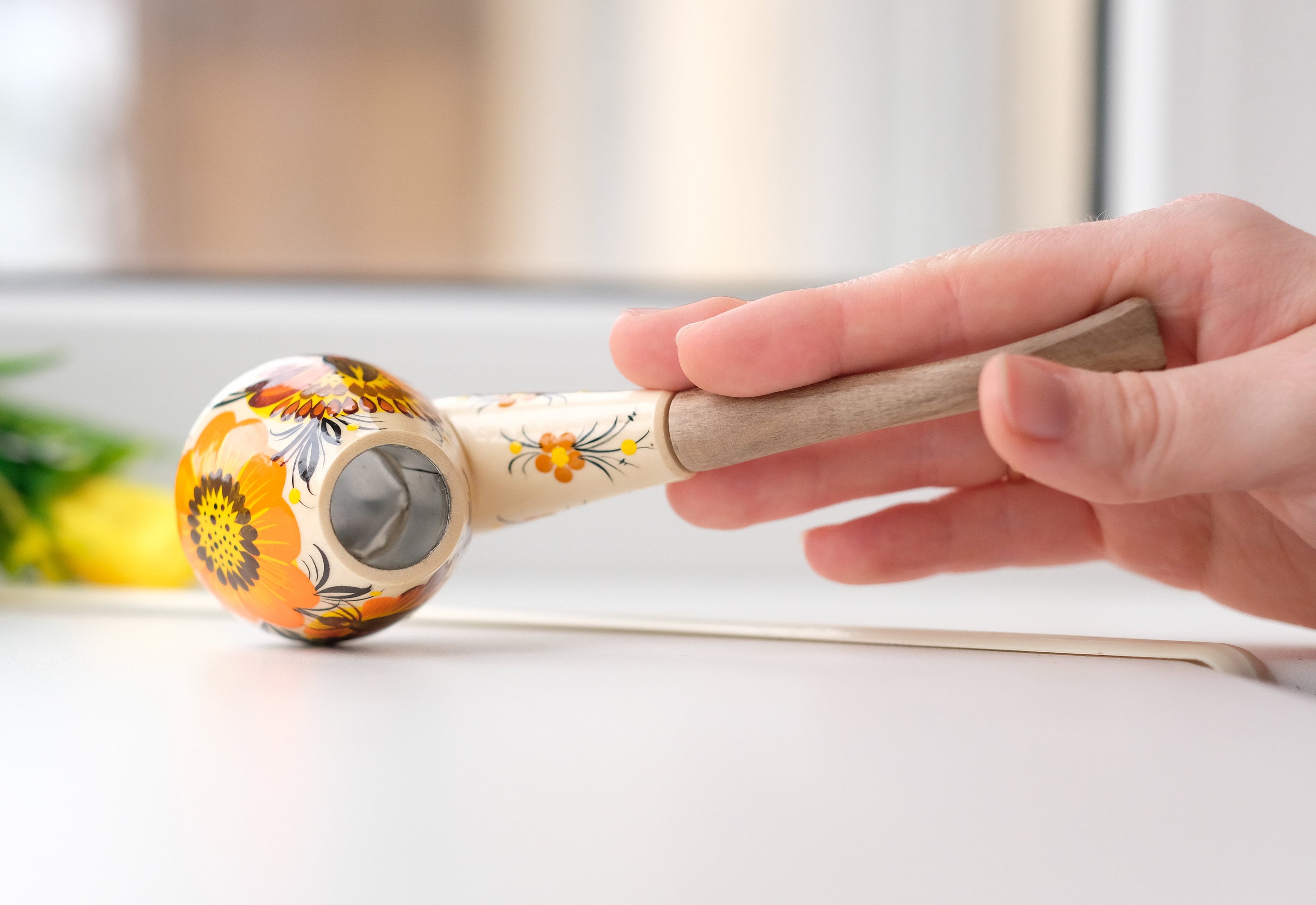 Wooden Tobacco Smoking Pipe - Hand-painted Sunflower Pipe with Ukrainian Folk Art Petrykivka