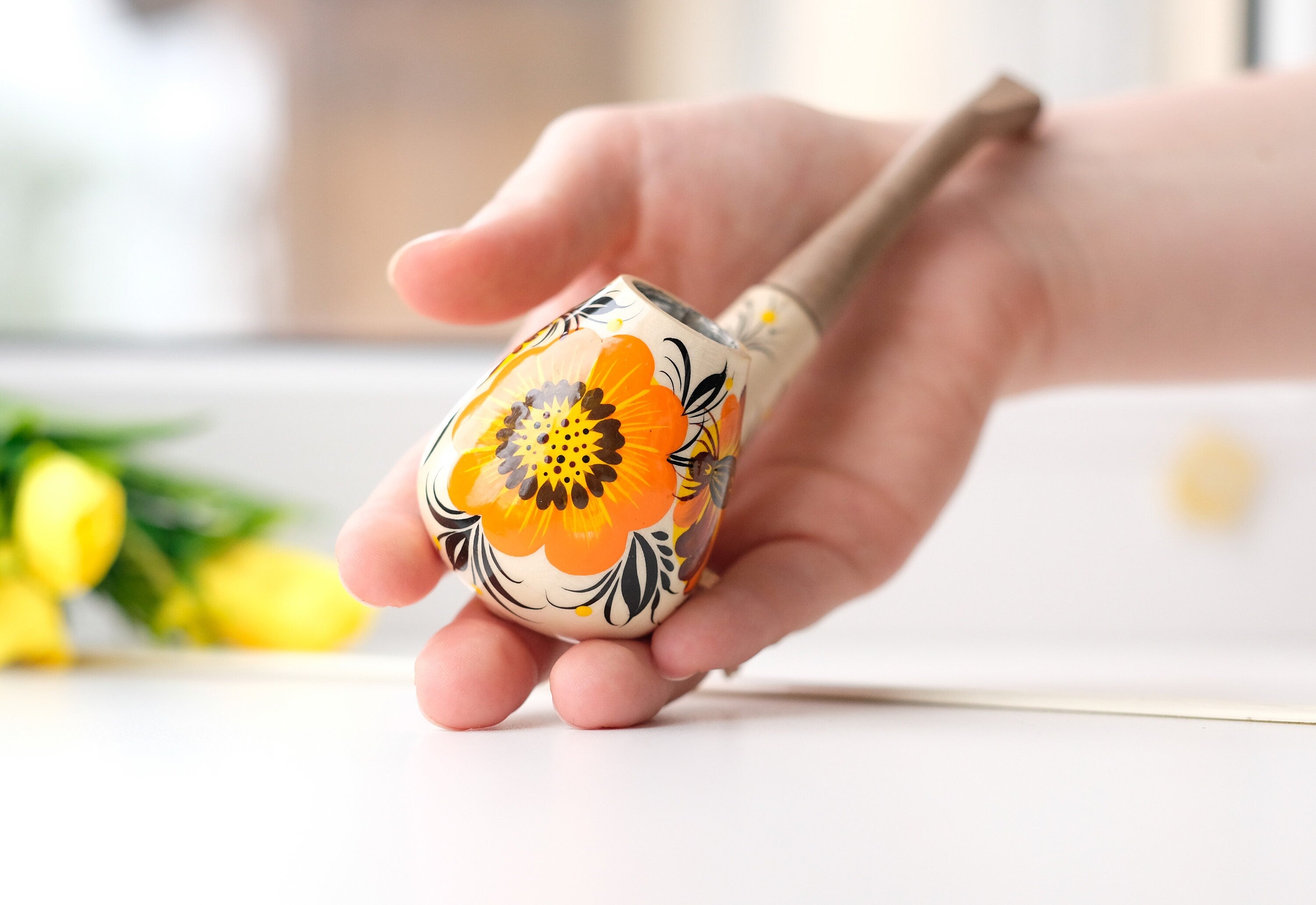 Wooden Tobacco Smoking Pipe - Hand-painted Sunflower Pipe with Ukrainian Folk Art Petrykivka