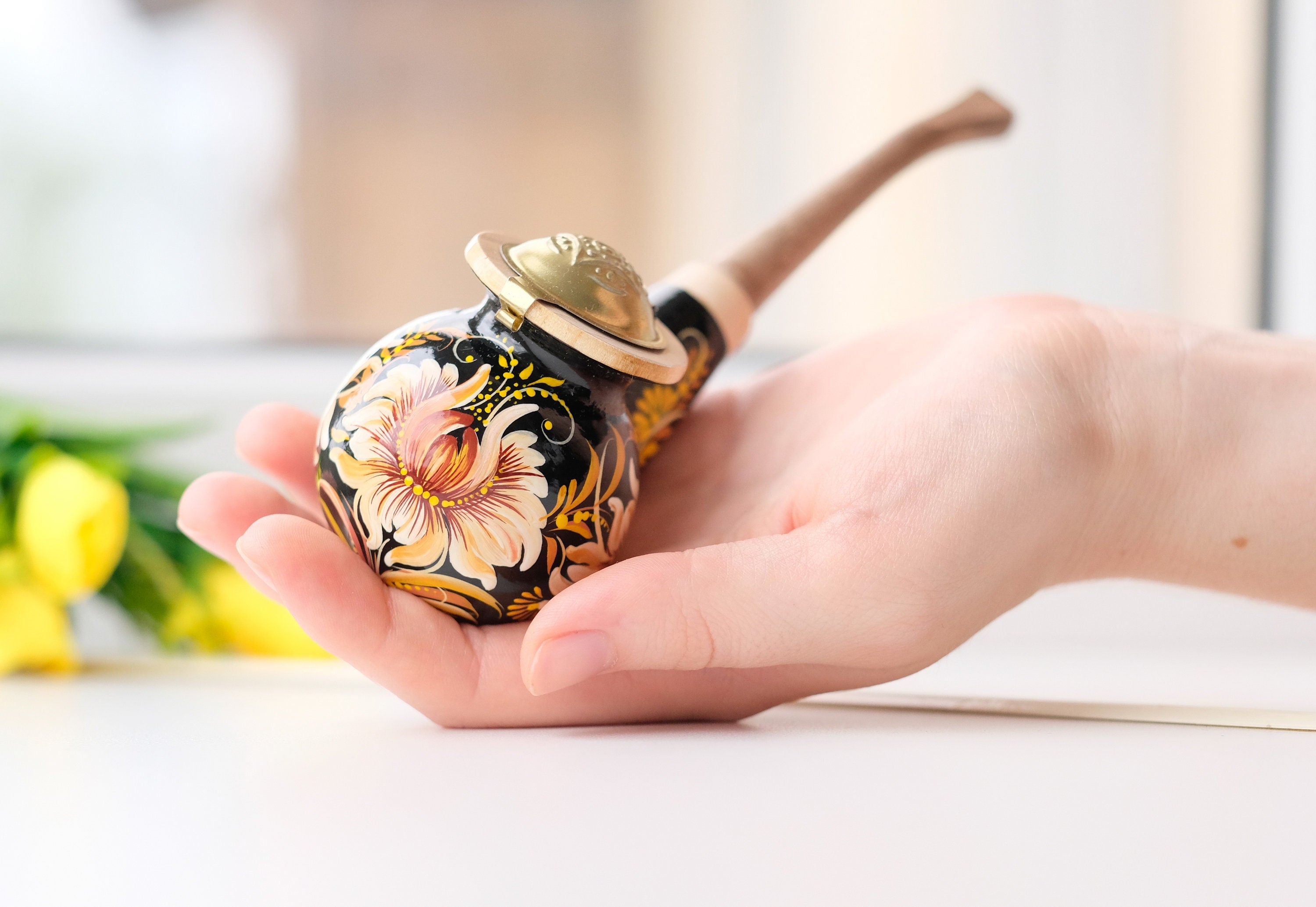 Painted Wooden Smoking Pipe with Lid - Beige Flower Tobacco Pipe with Ukrainian Folk Art Petrykivka