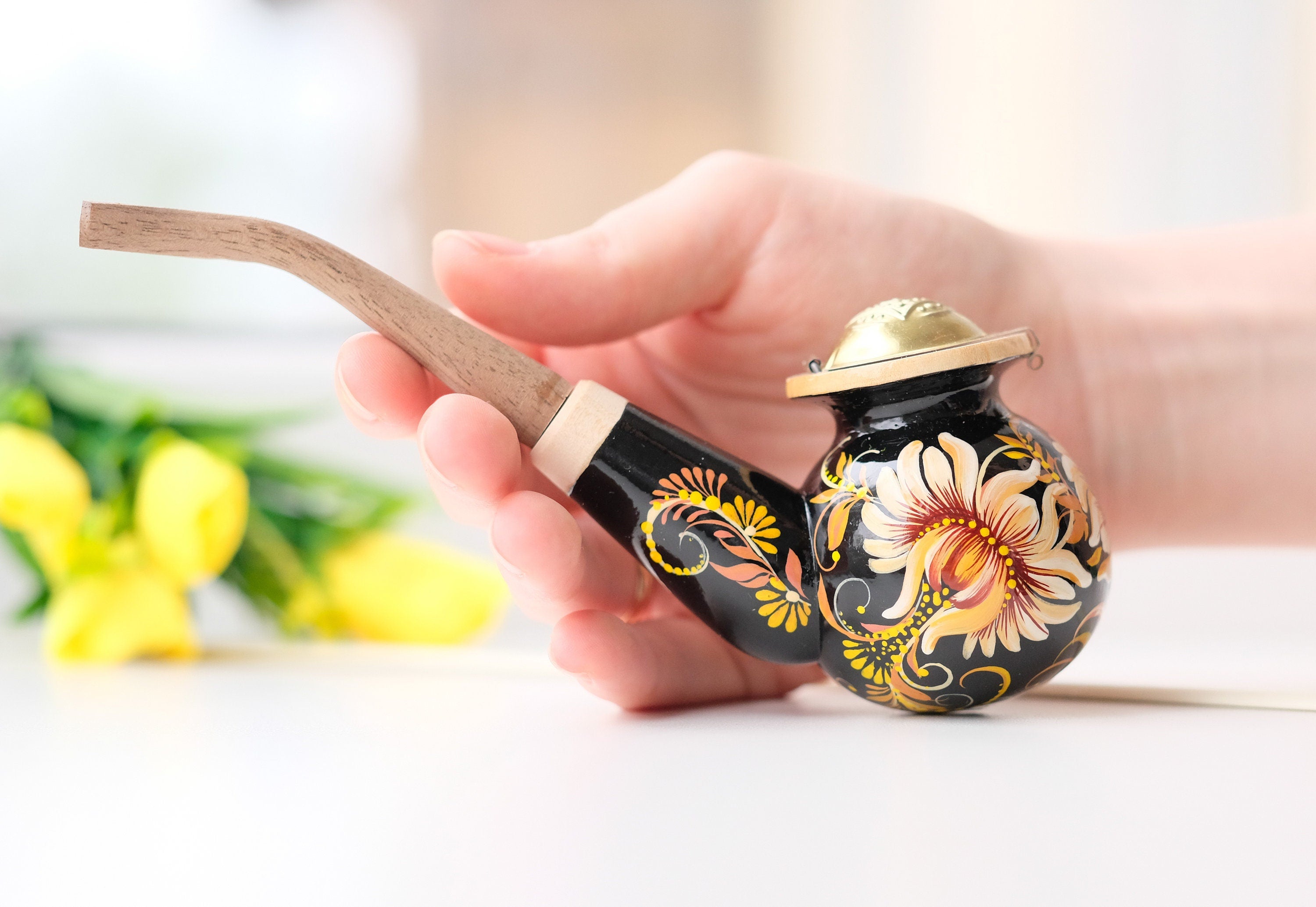 Painted Wooden Smoking Pipe with Lid - Beige Flower Tobacco Pipe with Ukrainian Folk Art Petrykivka