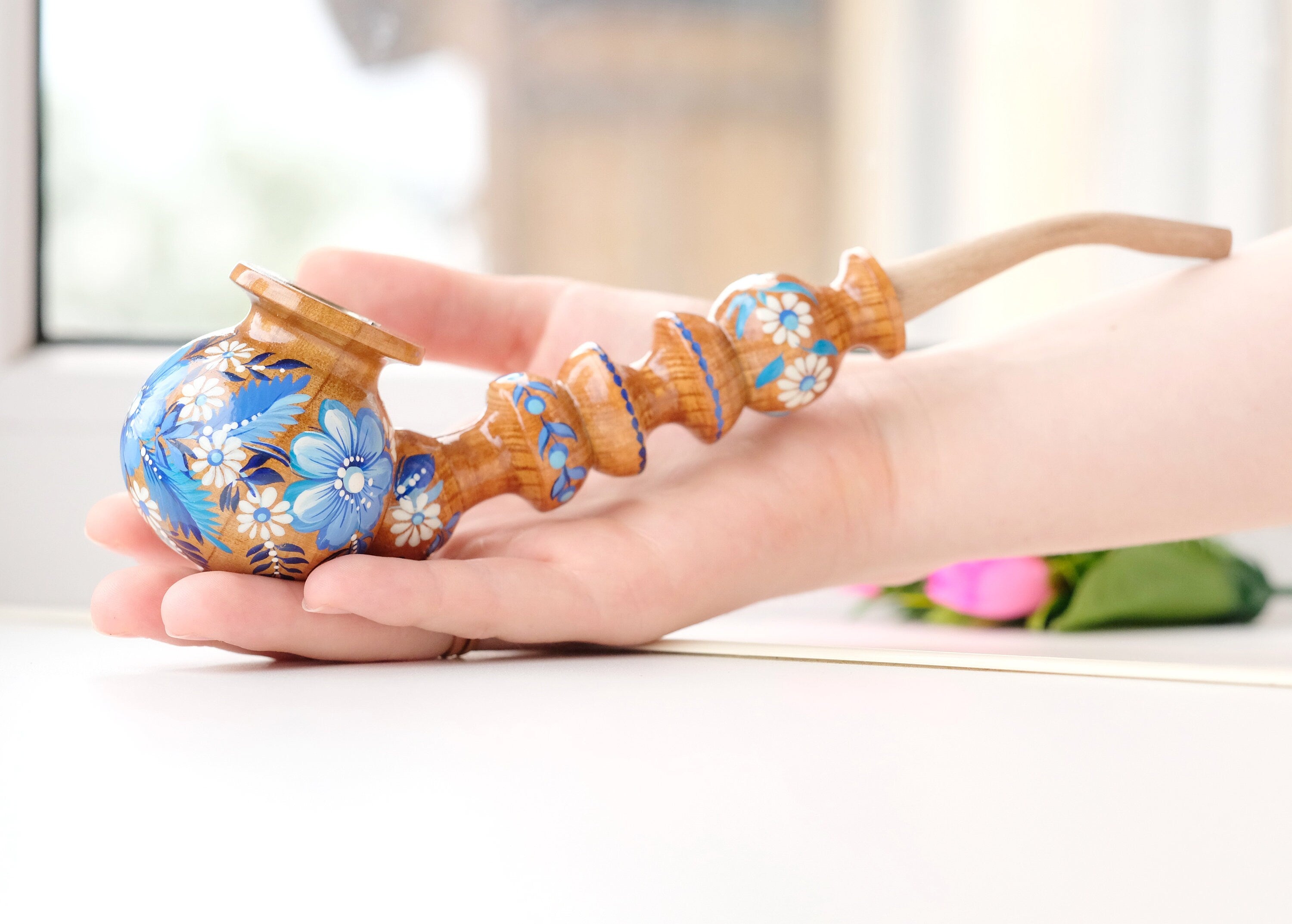 Painted Wooden Smoking Pipe with Ukrainian Folk Art Petrykivka - Blue Flower Tobacco Pipe