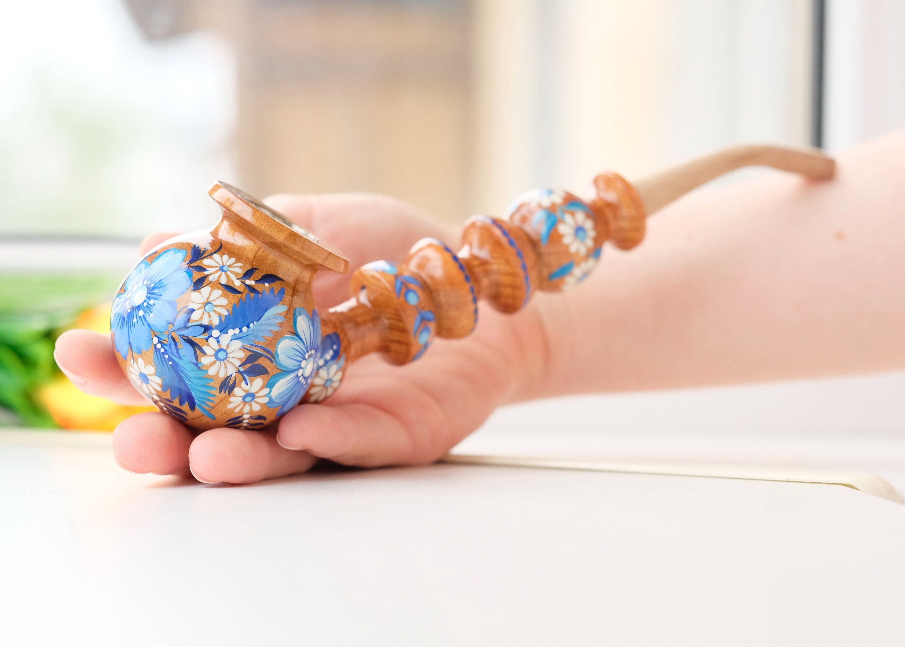 Painted Wooden Smoking Pipe with Ukrainian Folk Art Petrykivka - Blue Flower Tobacco Pipe