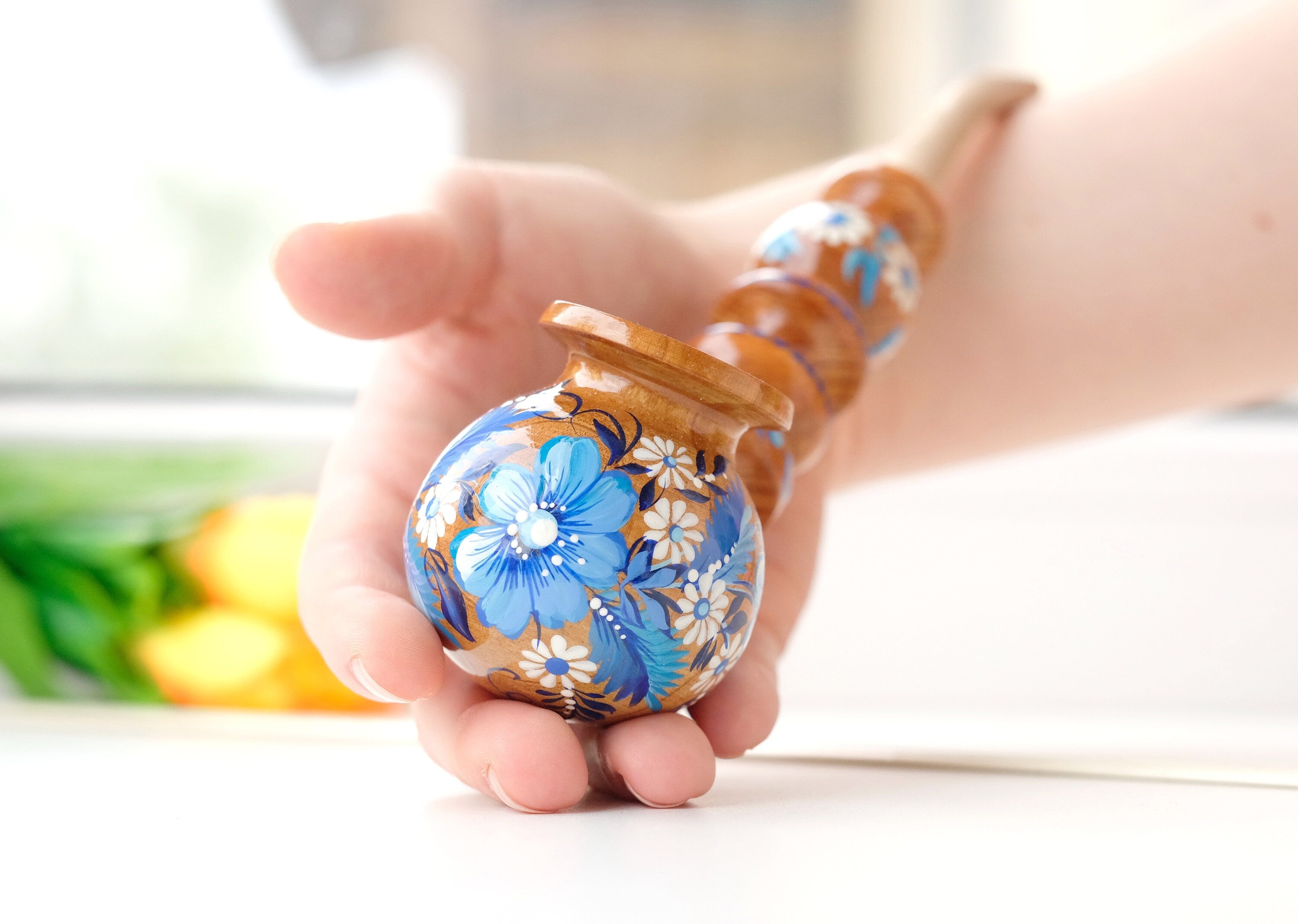 Painted Wooden Smoking Pipe with Ukrainian Folk Art Petrykivka - Blue Flower Tobacco Pipe