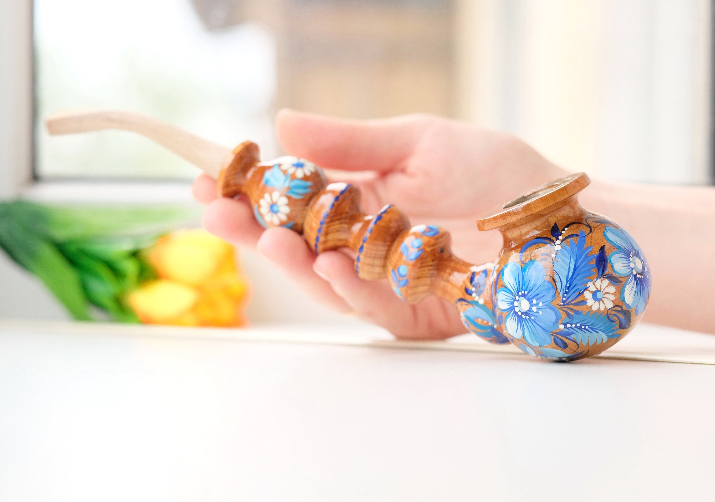 Painted Wooden Smoking Pipe with Ukrainian Folk Art Petrykivka - Blue Flower Tobacco Pipe