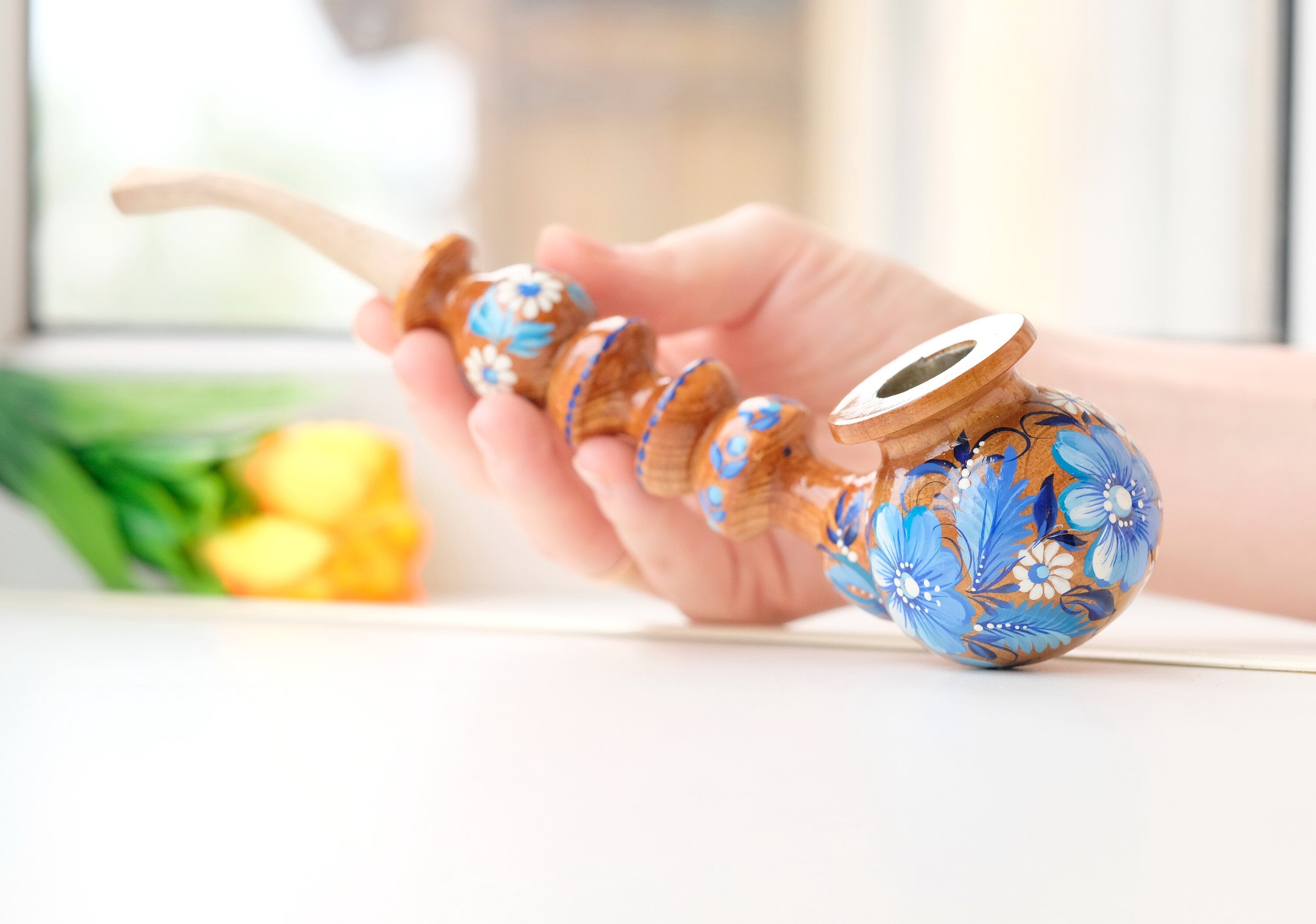 Painted Wooden Smoking Pipe with Ukrainian Folk Art Petrykivka - Blue Flower Tobacco Pipe