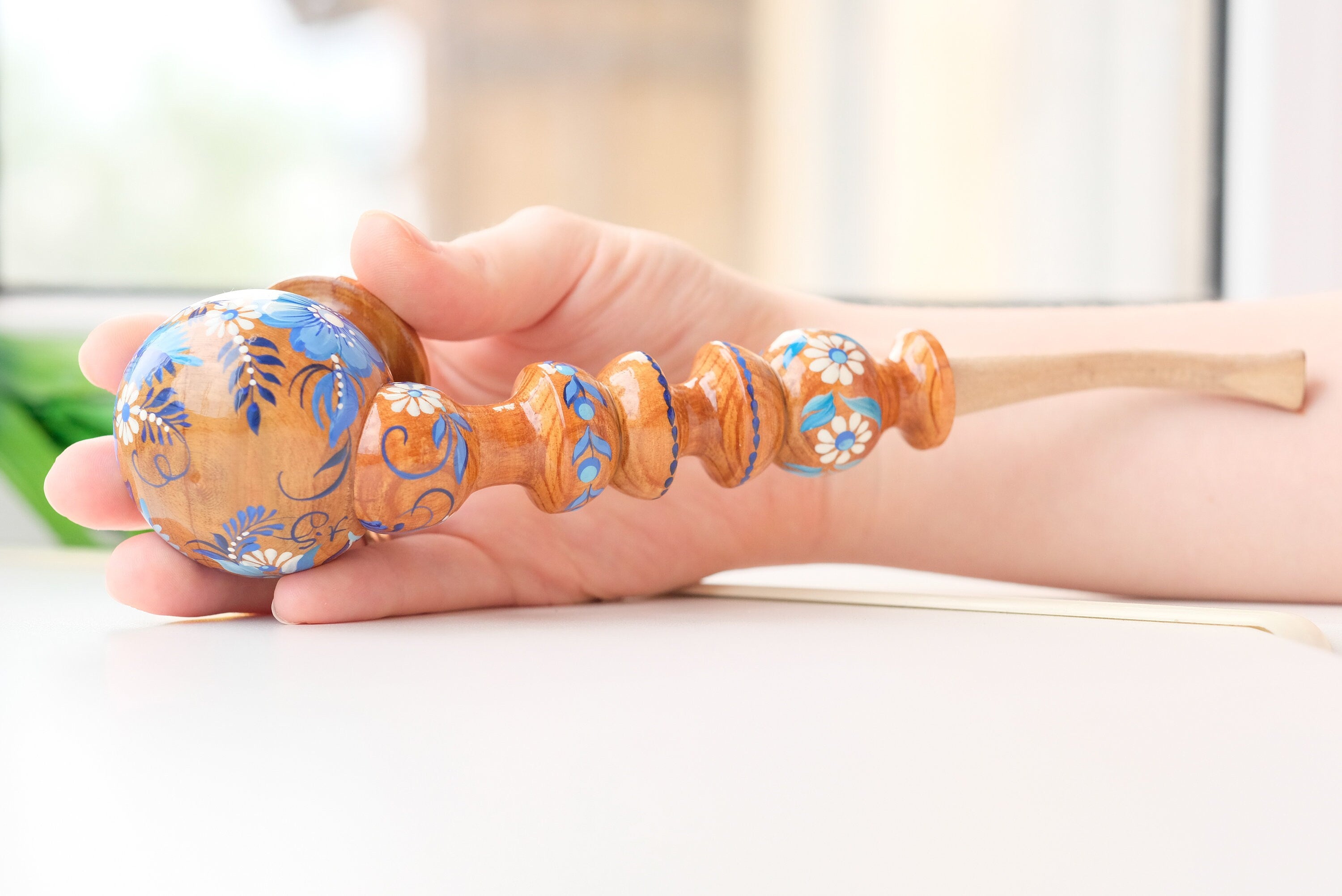 Painted Wooden Smoking Pipe with Ukrainian Folk Art Petrykivka - Blue Flower Tobacco Pipe