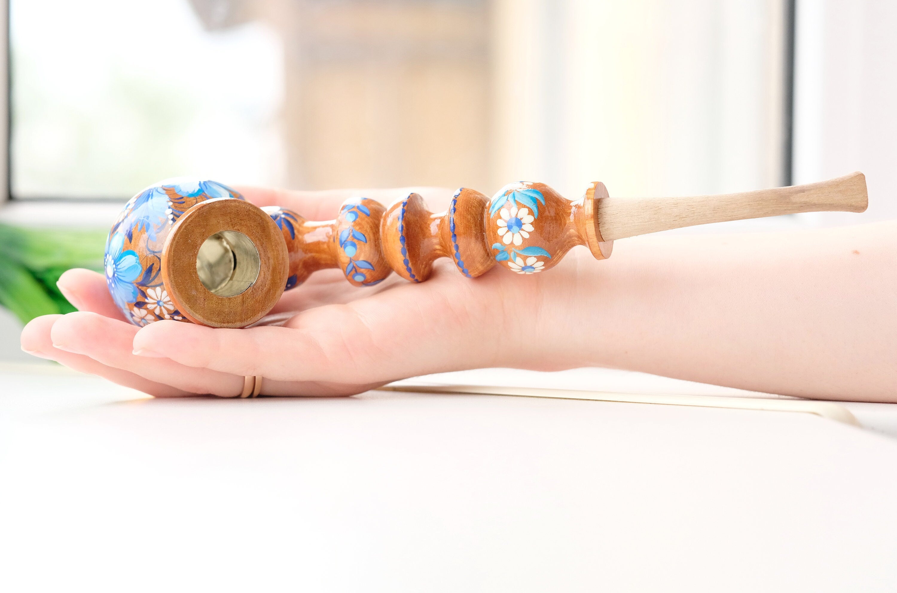 Painted Wooden Smoking Pipe with Ukrainian Folk Art Petrykivka - Blue Flower Tobacco Pipe