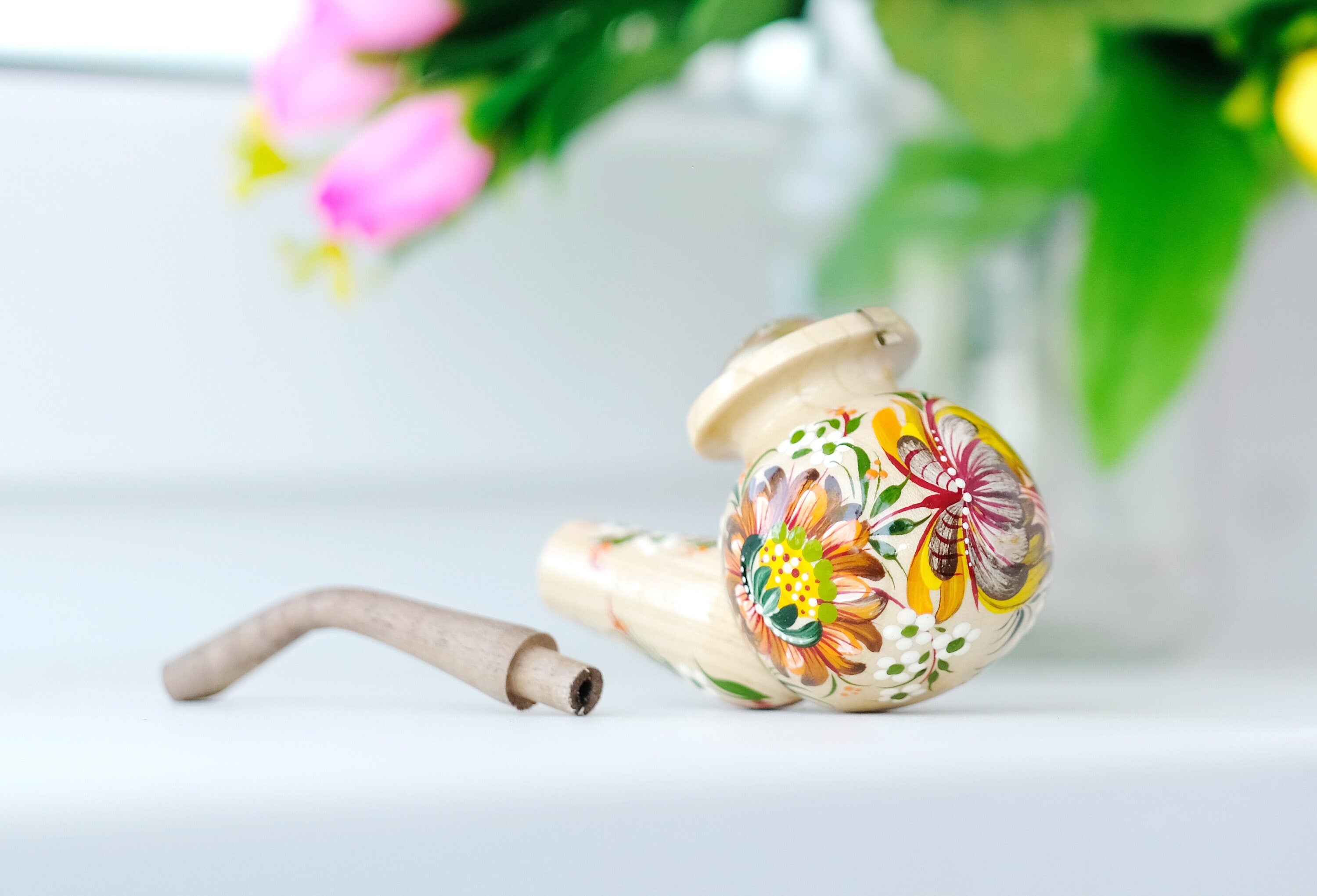 Painted Wooden Smoking Pipe with Lid - Ukrainian Folk Art Petrykivka Tobacco Pipe