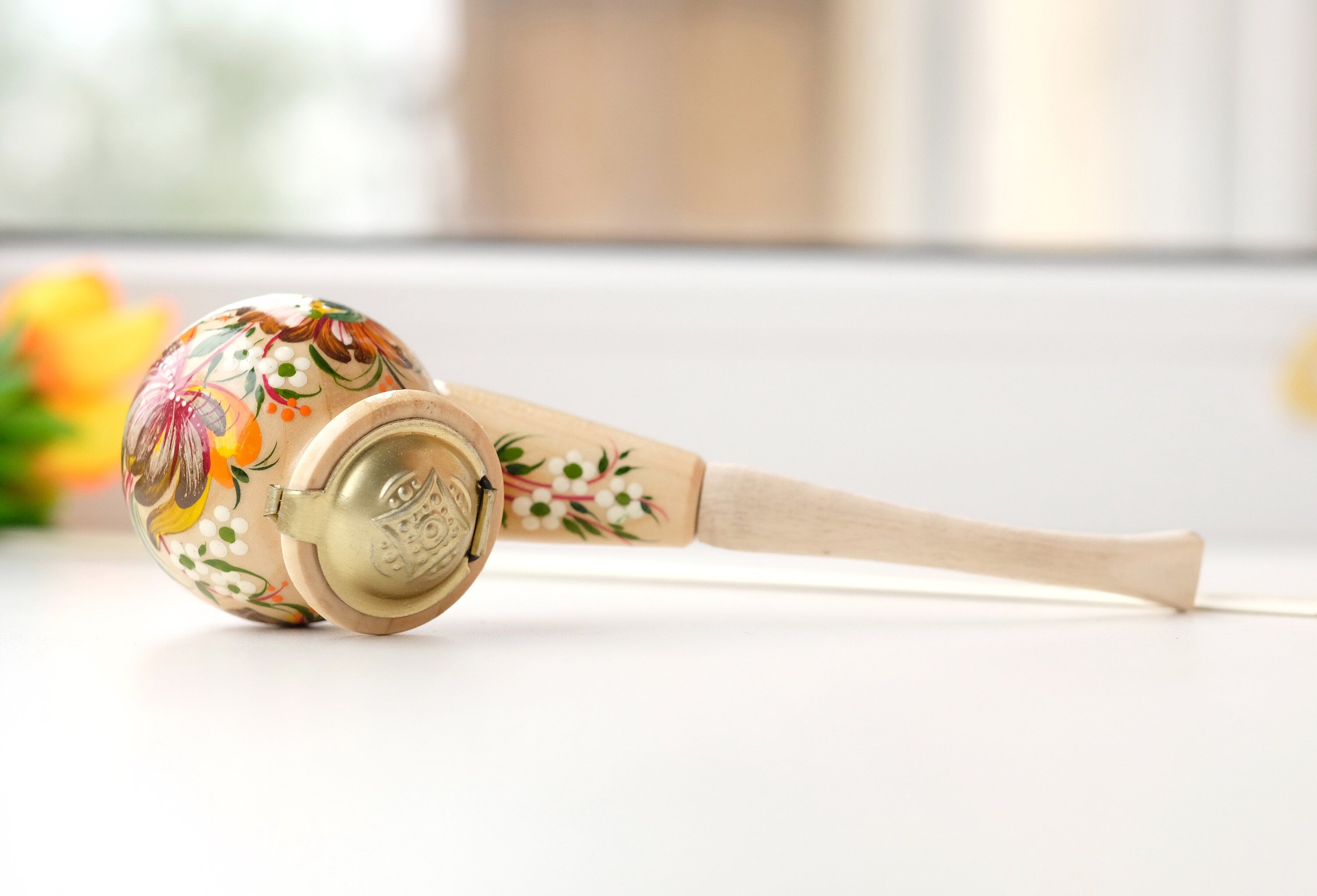 Painted Wooden Smoking Pipe with Lid - Ukrainian Folk Art Petrykivka Tobacco Pipe