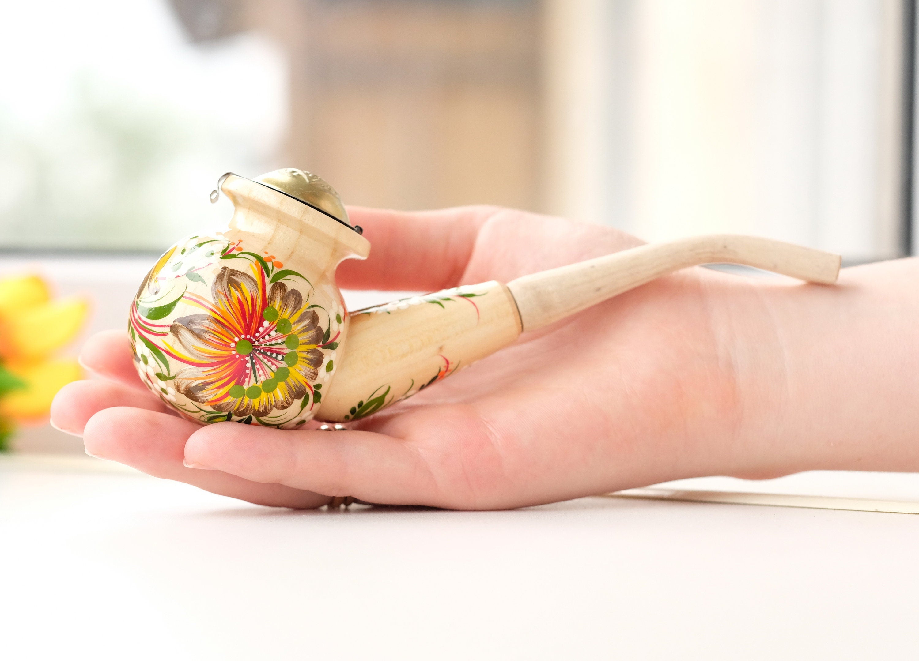 Painted Wooden Smoking Pipe with Lid - Ukrainian Folk Art Petrykivka Tobacco Pipe