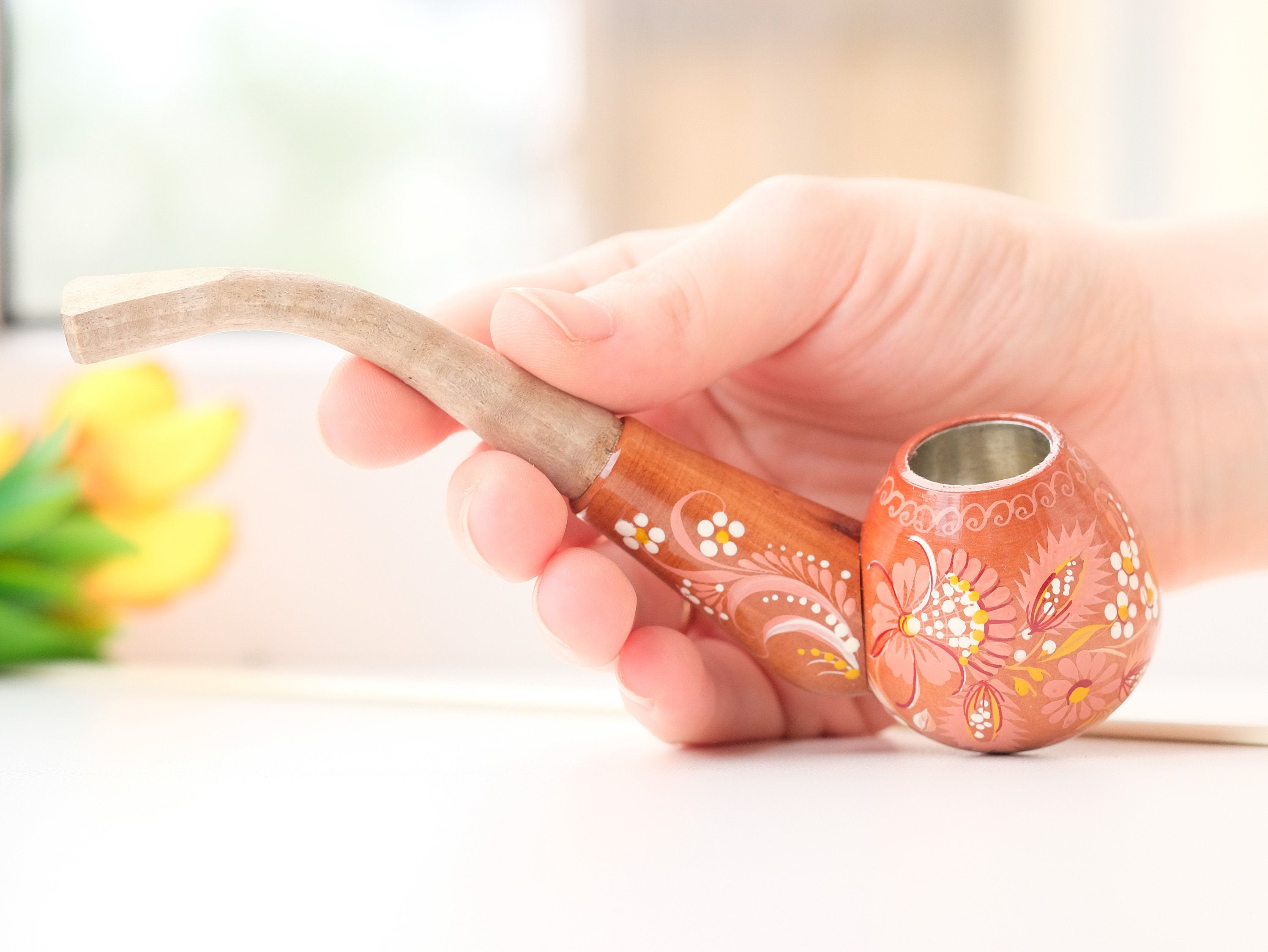 Small Painted Wooden Smoking Pipe - Beige Flower Tobacco pipe with Ukrainian Folk Art Petrykivka