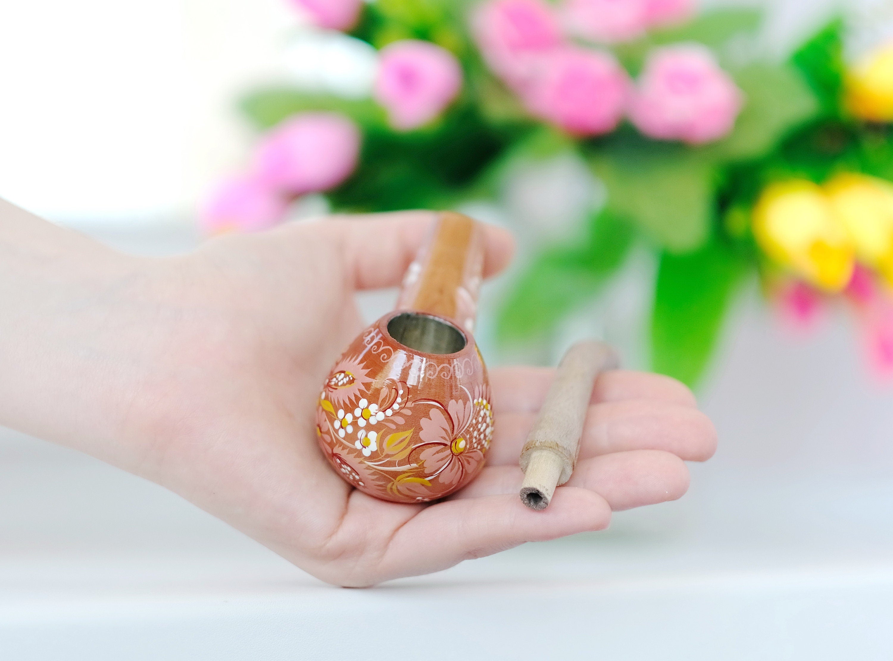 Small Painted Wooden Smoking Pipe - Beige Flower Tobacco pipe with Ukrainian Folk Art Petrykivka