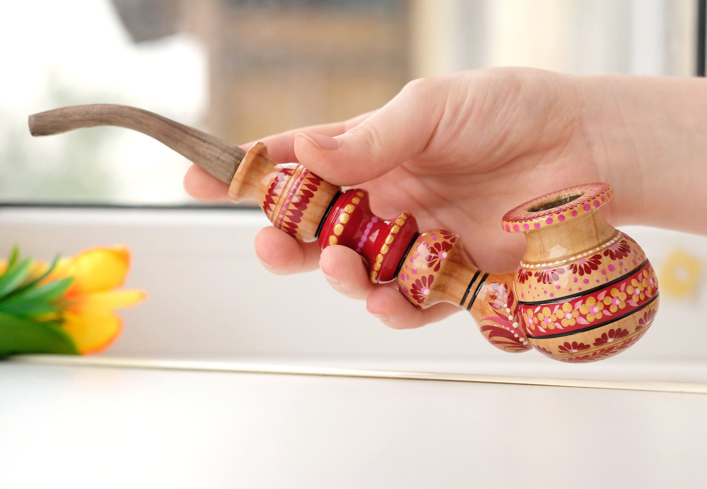 Painted Wooden Smoking Pipe with Ukrainian Folk Art Petrykivka - Red Flower Tobacco Pipe