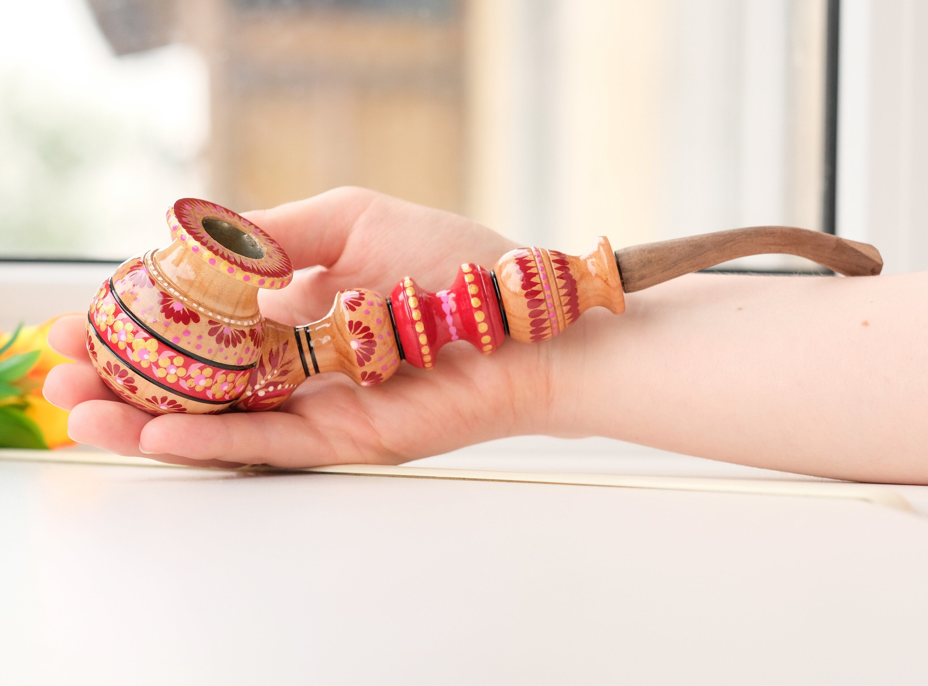 Painted Wooden Smoking Pipe with Ukrainian Folk Art Petrykivka - Red Flower Tobacco Pipe