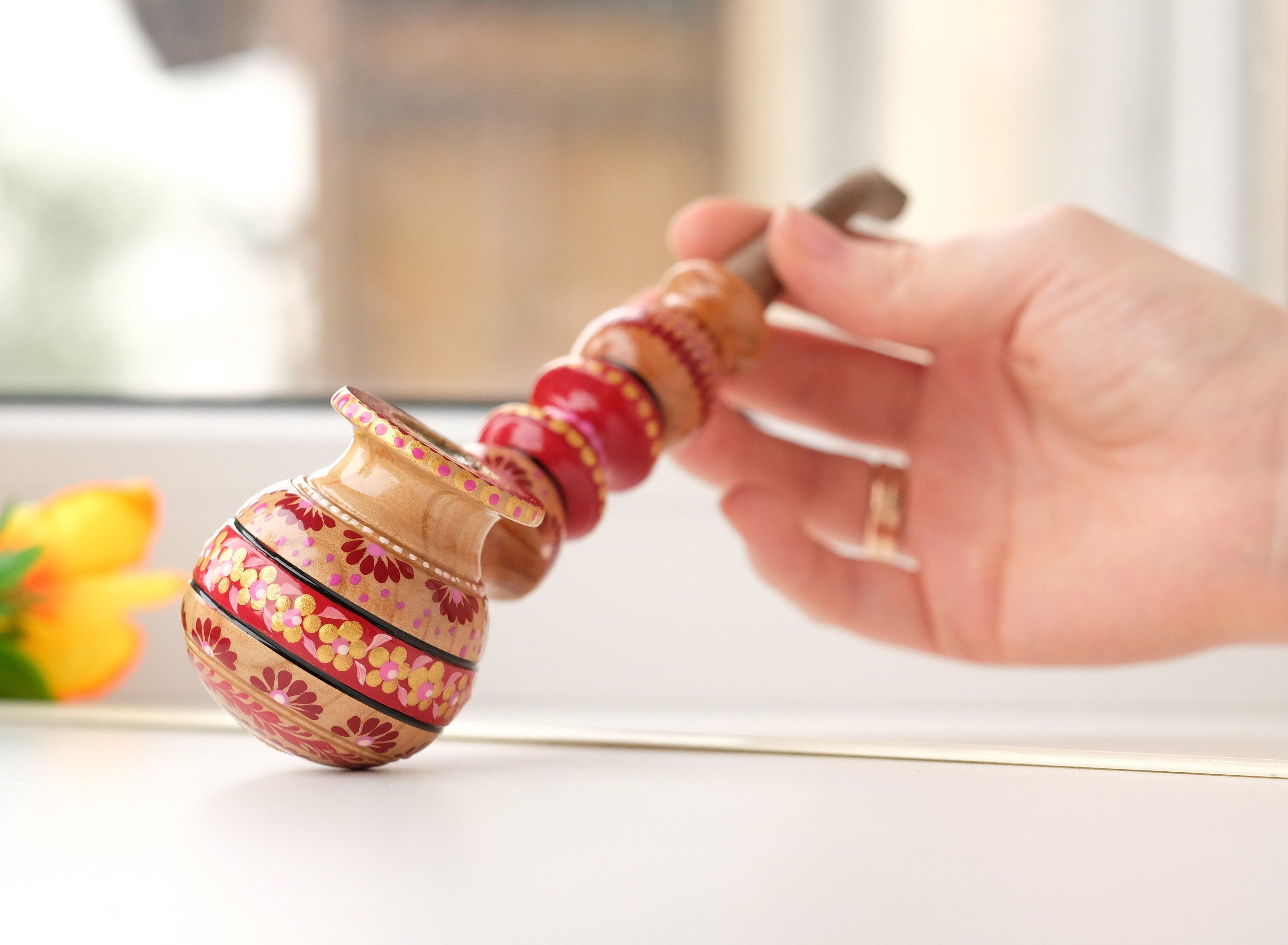Painted Wooden Smoking Pipe with Ukrainian Folk Art Petrykivka - Red Flower Tobacco Pipe