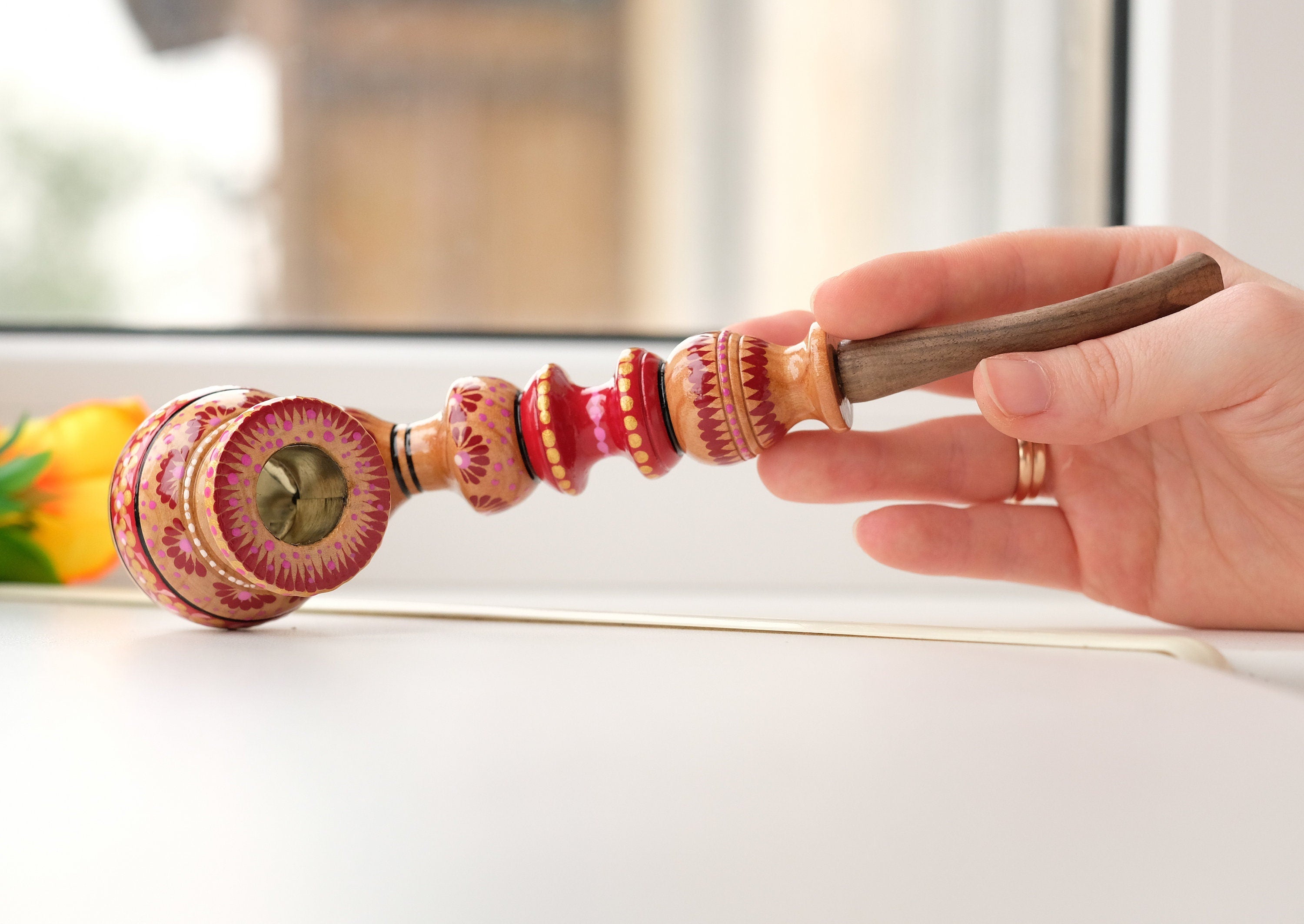 Painted Wooden Smoking Pipe with Ukrainian Folk Art Petrykivka - Red Flower Tobacco Pipe