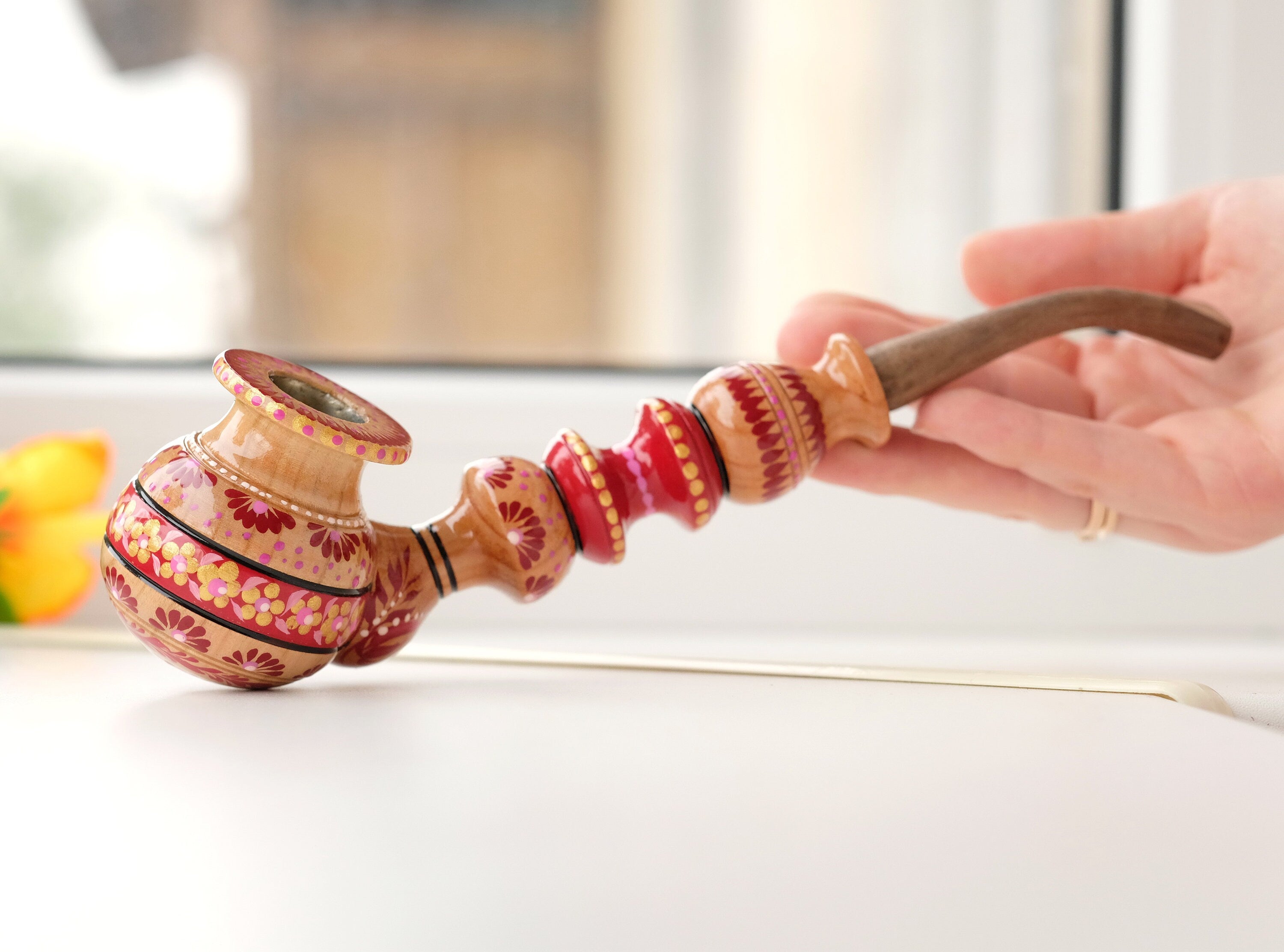 Painted Wooden Smoking Pipe with Ukrainian Folk Art Petrykivka - Red Flower Tobacco Pipe