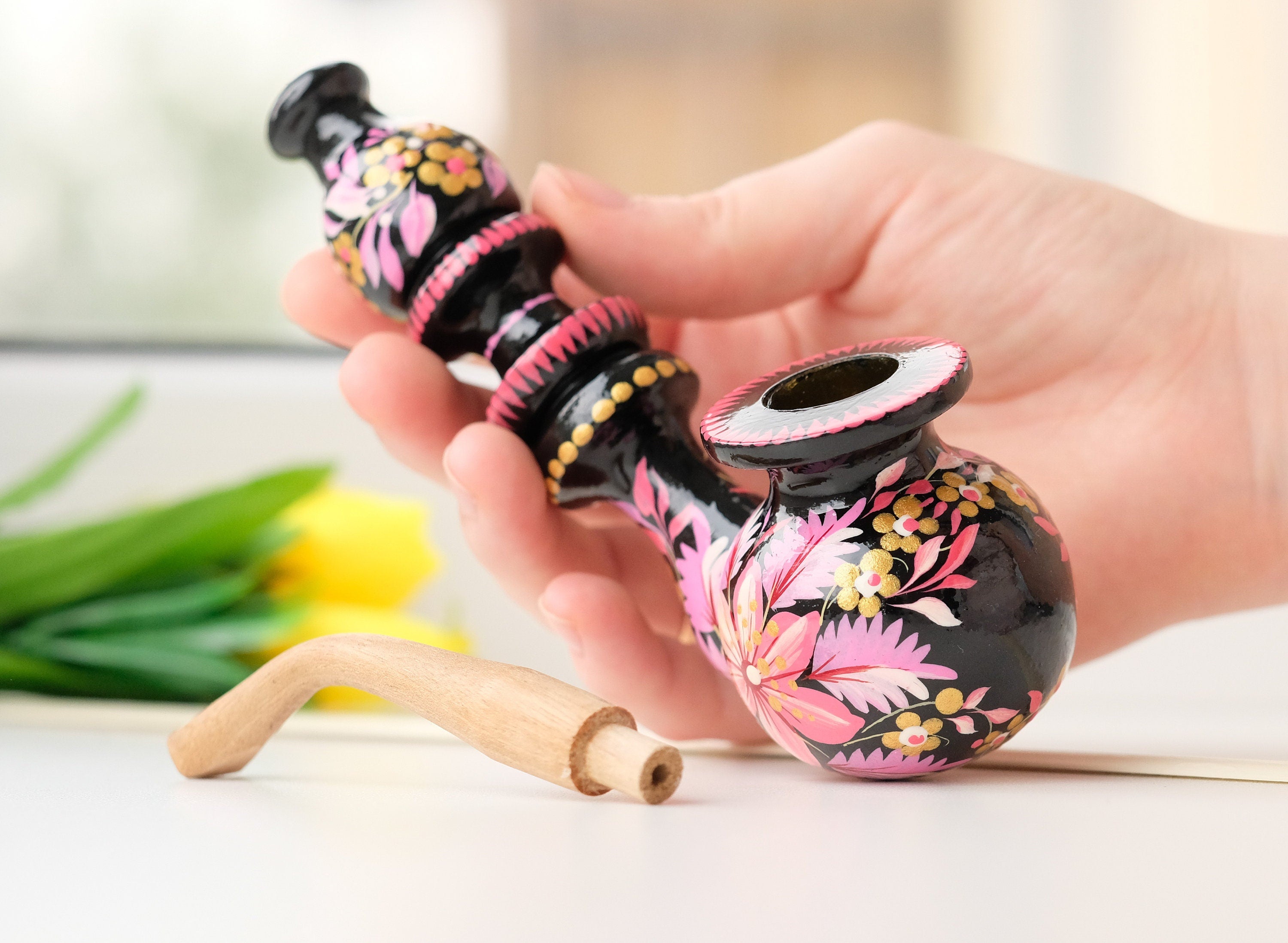 Personalized Painted Smoking Pipe with Ukrainian Folk Art Petrykivka - Wooden Pink Flower Tobacco Pipe