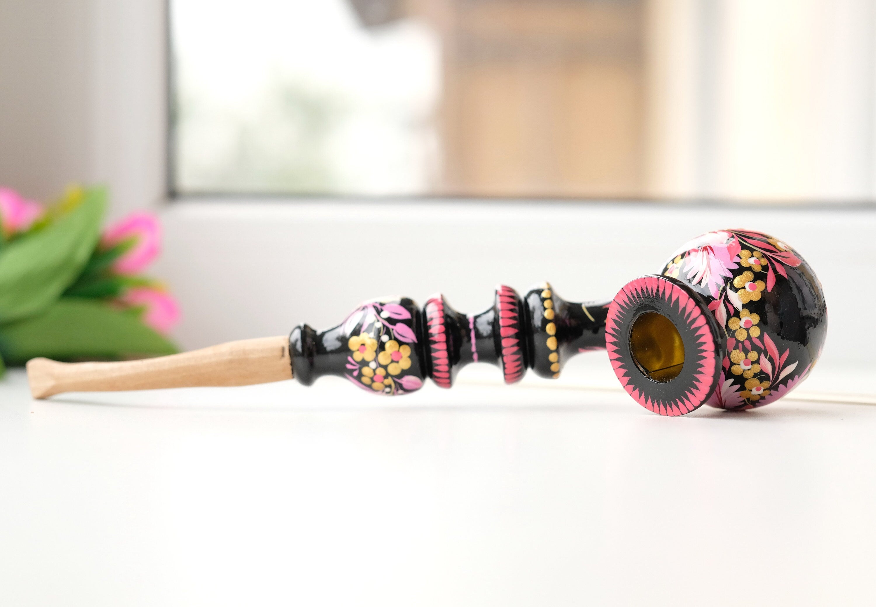 Personalized Painted Smoking Pipe with Ukrainian Folk Art Petrykivka - Wooden Pink Flower Tobacco Pipe