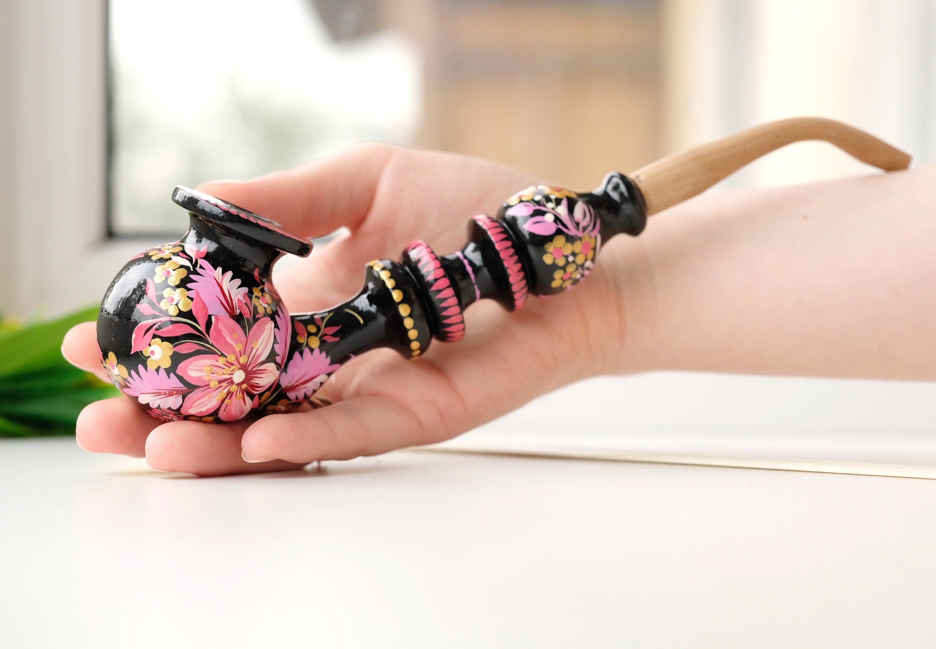 Personalized Painted Smoking Pipe with Ukrainian Folk Art Petrykivka - Wooden Pink Flower Tobacco Pipe
